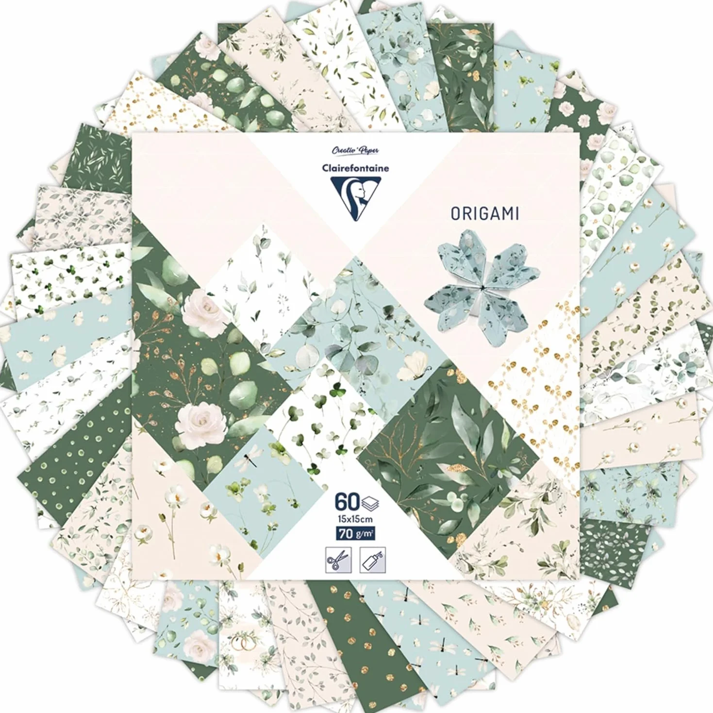 Clairefontaine 95381C Papier Origami 70g/m² 15x15cm 30 Motivi Kolorowe Romantico