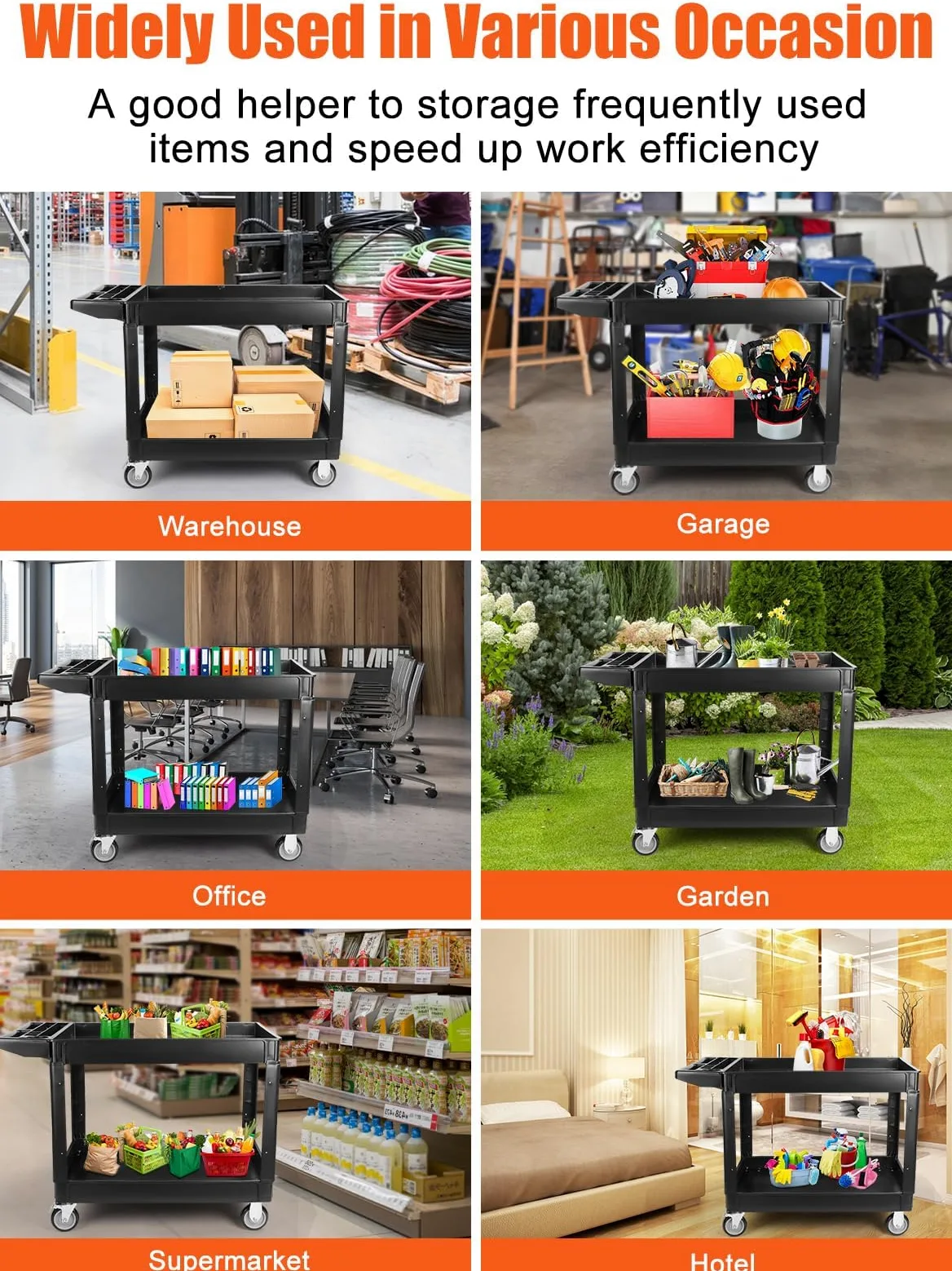 TOROKOM Carrello multiuso pesante a 2 livelli su ruote, carrello da 550 libbre di capacità aggiuntiva Grande carrello di servizio multiuso manico nero organizzatore di immagazzinaggio portatile