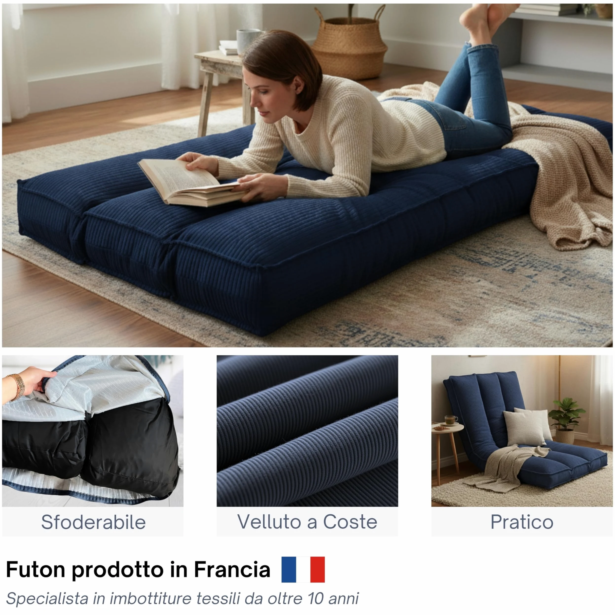 Futon Giapponese 1 Persona Comodo e Spesso, Prodotto in Francia, Sfoderabile, Ideale come Materassino Pieghevole, Tatami Giapponese–Letto Singolo, Cinghia di Fissaggio inclusa (90x190 cm, Blu Scuro)