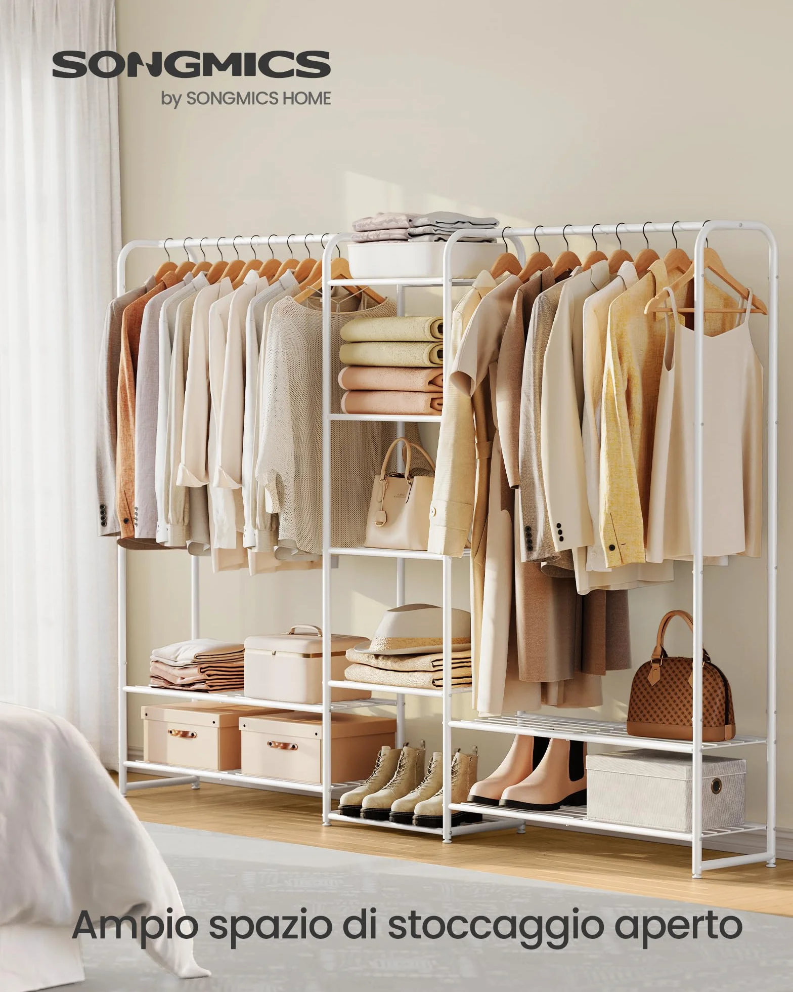 SONGMICS Appendiabiti Armadio Aperto Asta Portabiti Guardaroba in Metallo Bianco Opaco LGR463W01