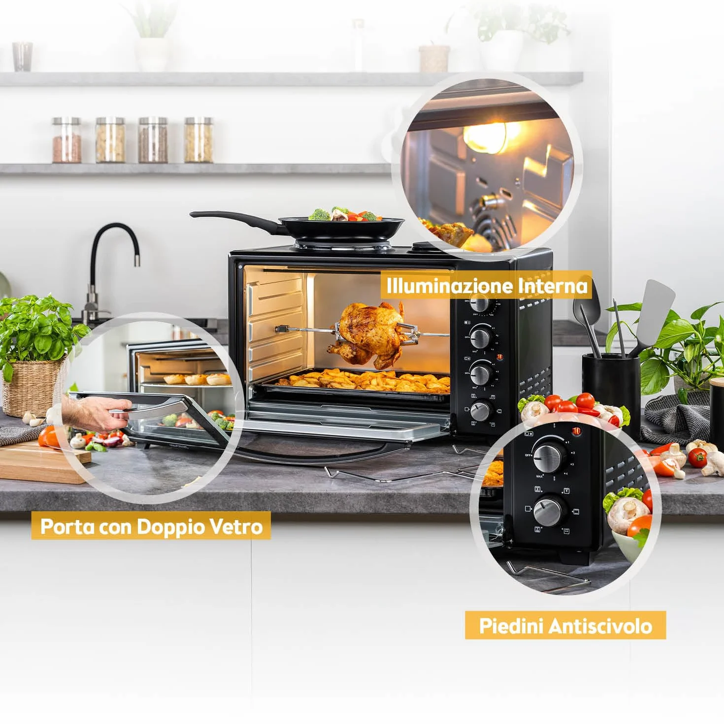 TZS First Austria - Mini Forno con fornelli 30L 3200 W - Fornetto per pizza con piastre fino a 230°C e 6 modalità di riscaldamento - Multiforno con 4 altezze di inserimento e accessori di alta qualità