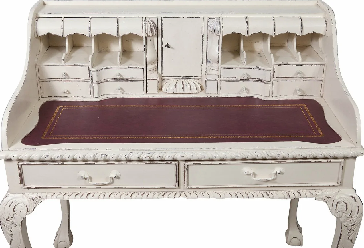 Biscottini Scrittoio Vintage 105x64x103 cm - Scrivania Vintage in Legno Massello con Scomparti e Cassetti - Scrivania Classica Bianca
