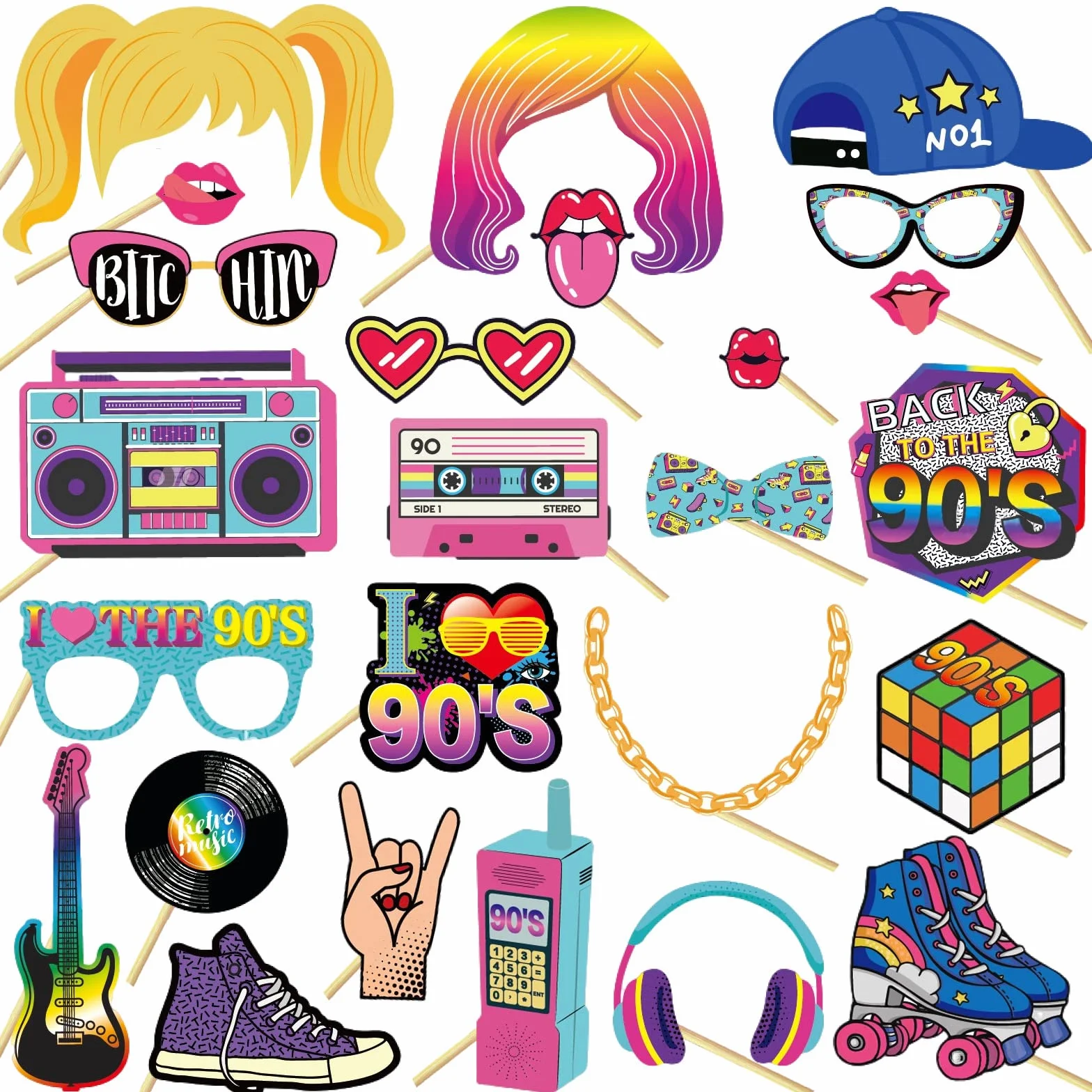Anni 90 Photo Booth Props 25 Pezzi per Compleanno Matrimonio Festa