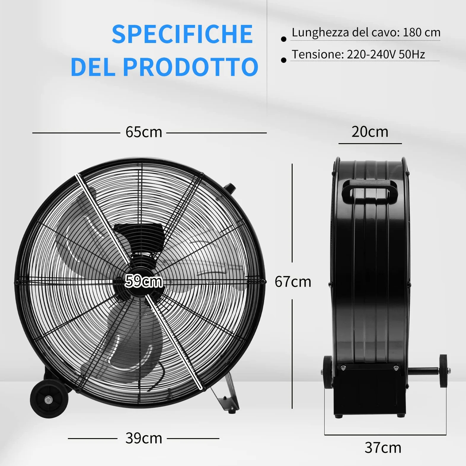 COSTWAY Ventilatore da Terra Industriale a 3 Velocità con Pale in Alluminio, Ventilatore a Piantana Potente ad Alta Velocità su Ruote in Gomma, 180W Max, 65x37x67 cm (Nero)