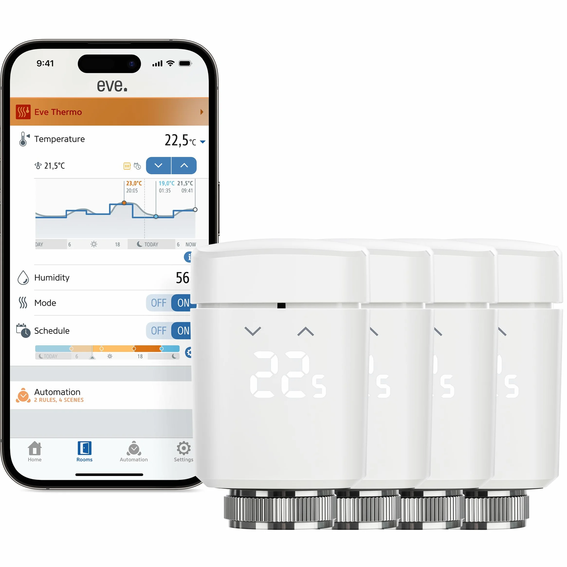 Eve Thermo (Matter, 4ª gen) set di 4: valvola termostatica intelligente, controllo automatico della temperatura, richiede Alexa, Apple Home, SmartThings o Google Home. necessario Thread Border Router