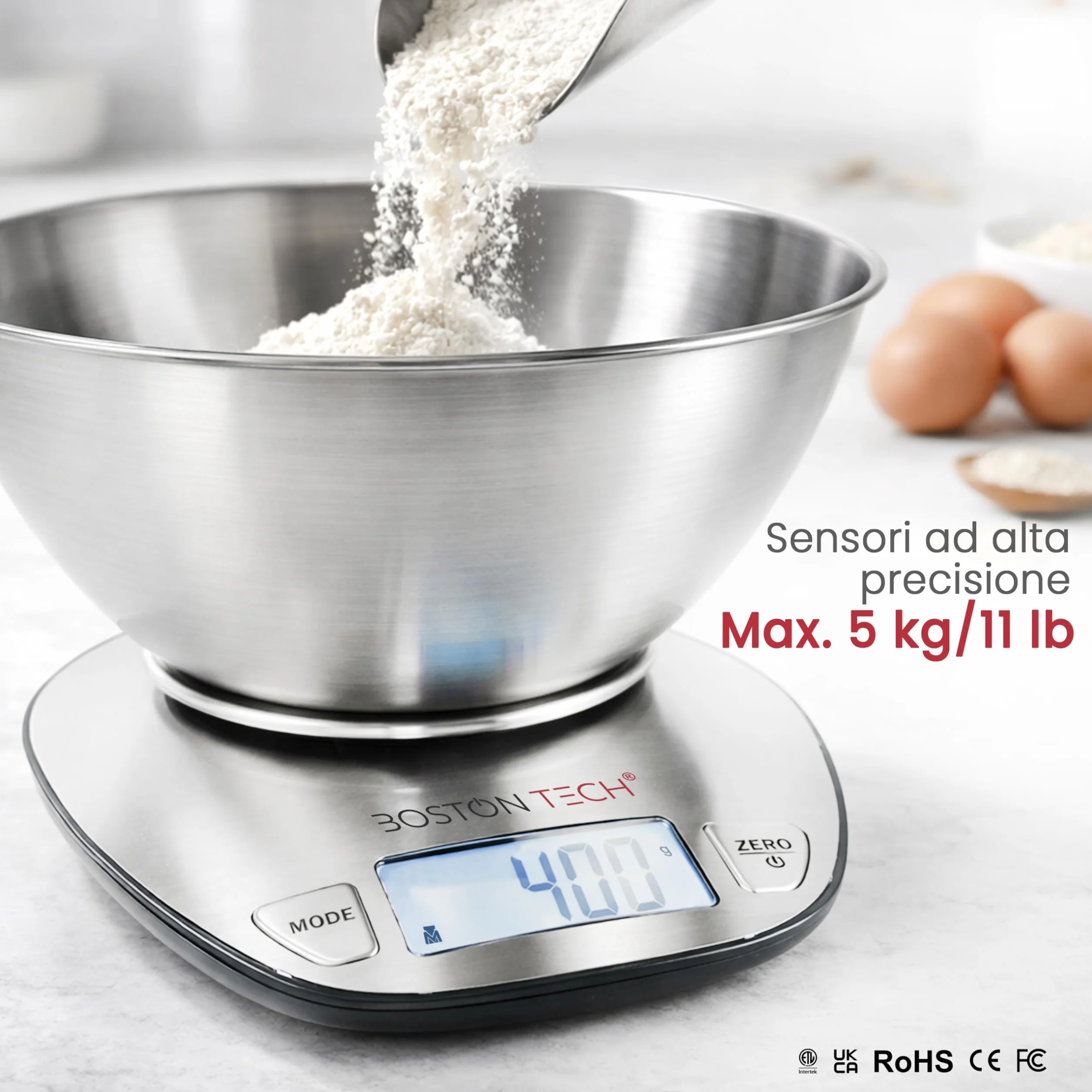 Boston Tech Bilancia Cucina Digitale con Ciotola Rimovibile in Acciaio Inox, Bilancia da Cucina 5 kg/1 g, Display LCD Retroilluminato, Funzione Tara, Batterie Incluse e Ricettario QR