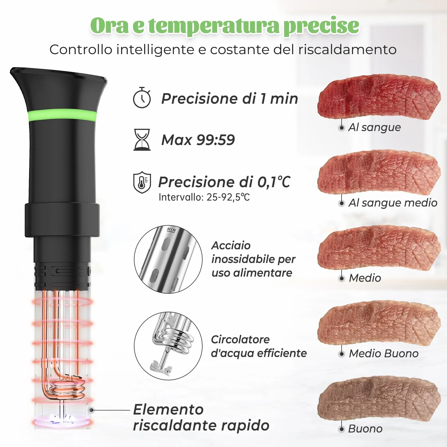 Roner Sous Vide Professionale Cucina a Bassa Temperatura 1000W 25-92,5℃ Timer LCD