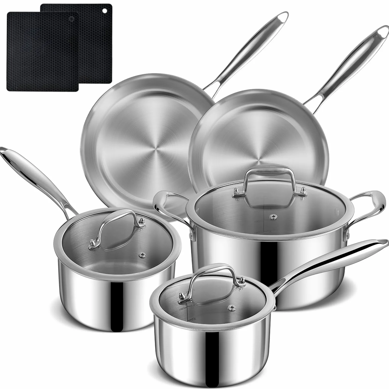 Set di pentole e padelle in acciaio inox, 10 pezzi, pentole e padelle antiaderenti per piano cottura a induzione, casseruola con coperchio, casseruola con coperchio e padella, set di pentole da cucina