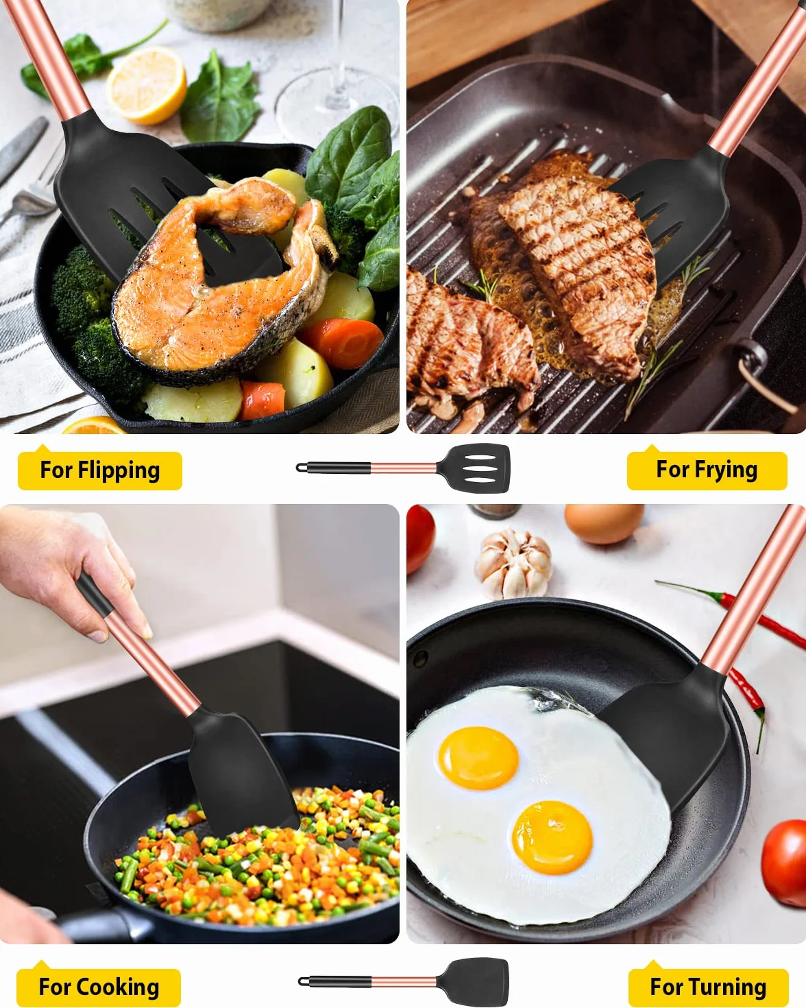 Spatole da cucina in silicone massiccio, antiaderenti, resistenti al calore, senza BPA, oro rosa, confezione da 2