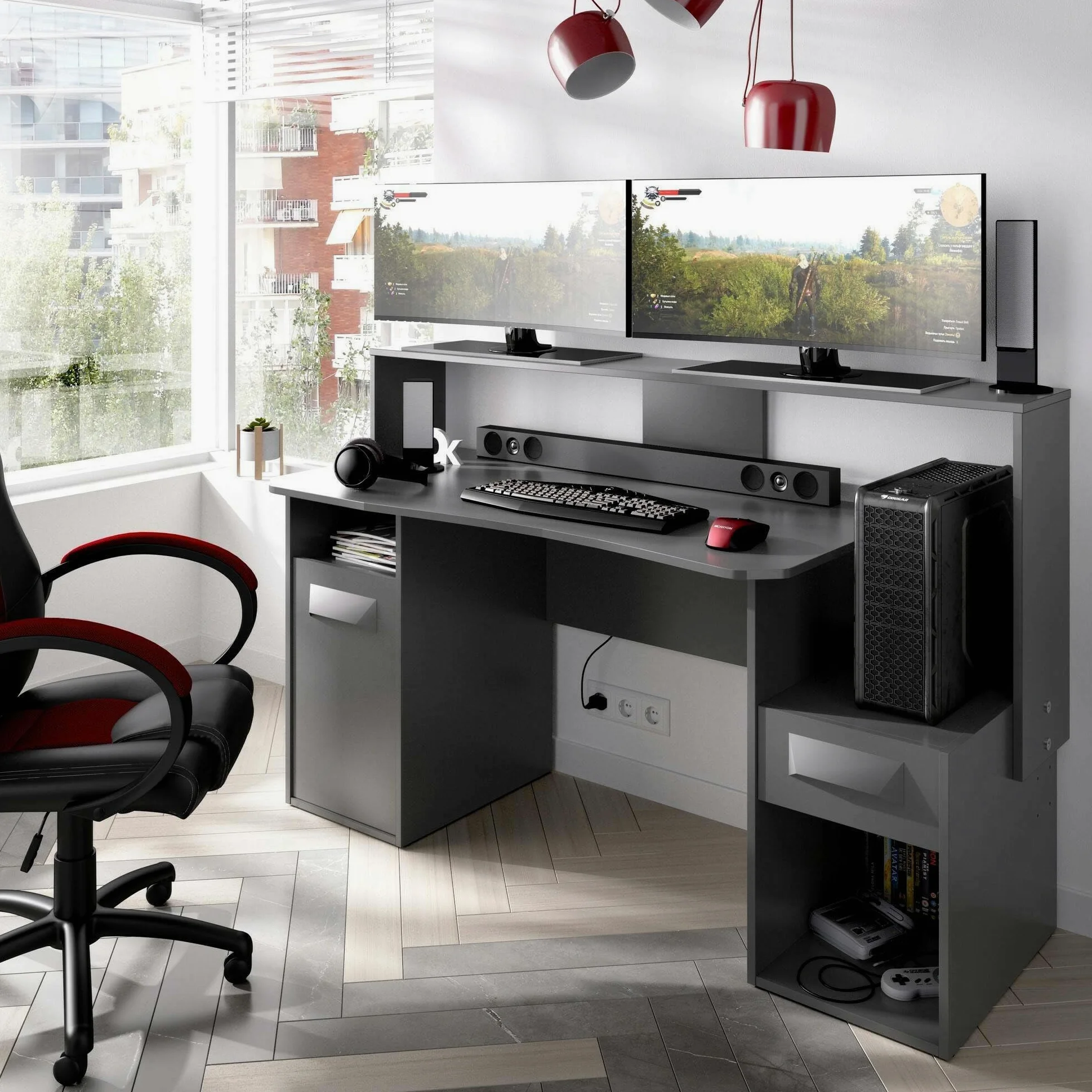 Dmora - Scrivania Manos, Scrittoio multifunzione moderno da gaming, Tavolo da studio porta PC e porta CD, 154x69h98 cm, Antracite, senza luci LED