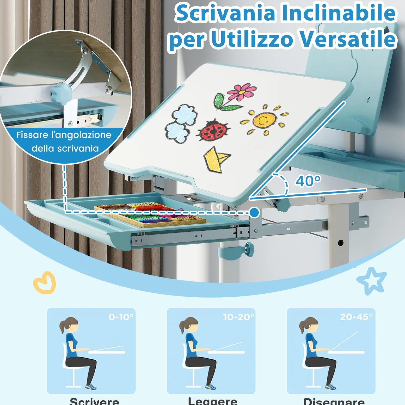 RELAX4LIFE Scrivania per Bambini con Sedia, Set Tavolo da Studio con Piano Inclinabile, Altezza Regolabile, Supporto per Libri, Portabicchieri, Cassetto Estraibile, Sedia Ergonomica (Blu)