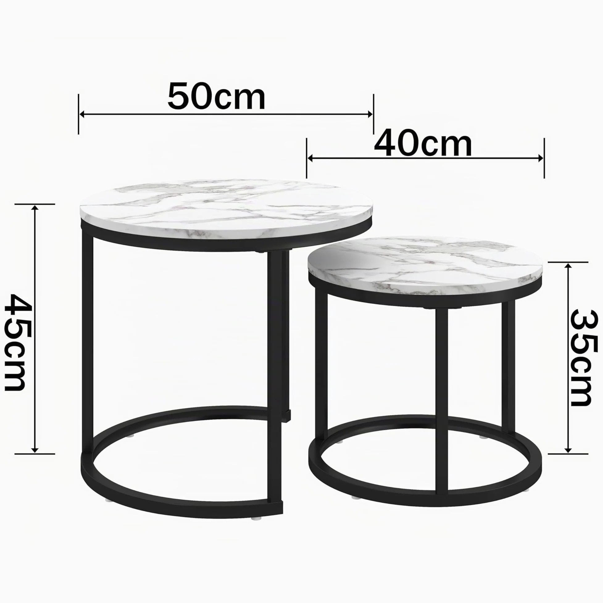 Tavolino Salotto Rotondo, Set di 2 Tavolino Soggiorno Moderno, Gamba in Metallo Nero, Adatto per Soggiorno, Caffetteria, Lounge 50x45cm +40x35cm (Bianco+Nero)
