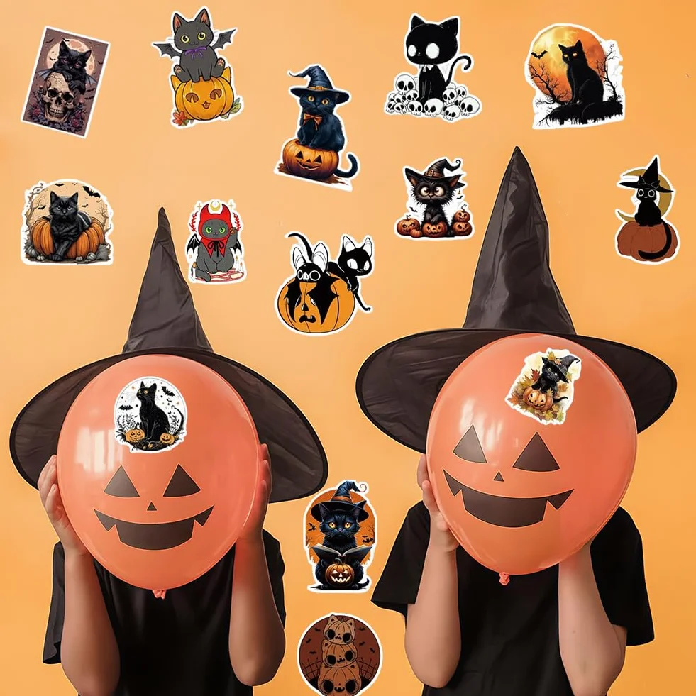 Gatto Strega Halloween Decorazione con Adesivi Neri e Mini Gatto Resina Set Statuetta a Forma di Gatti Statuette Decorative per Gatti Regalo Halloween per Feste e Arredo Casa