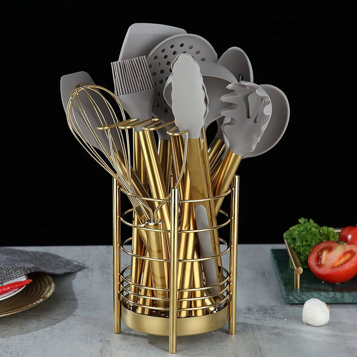 Berglander Set di utensili da cucina dorati 38 pezzi in silicone antiaderente, set di spatole a cucchiaio con robusto supporto per utensili in acciaio inossidabile