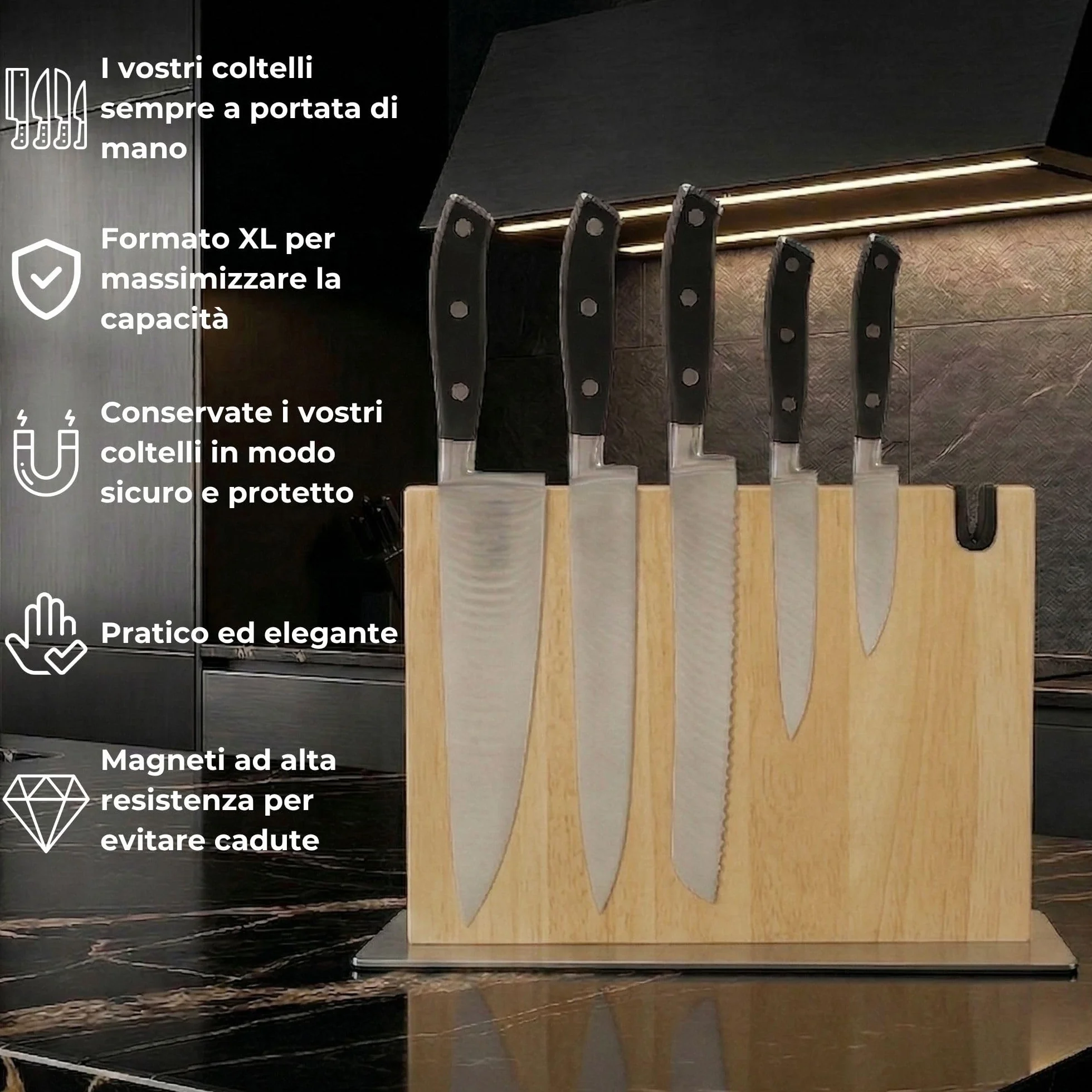 Magnetico Ceppo Coltelli da Cucina XL con Affilacoltelli Integrato, Legno Massiccio