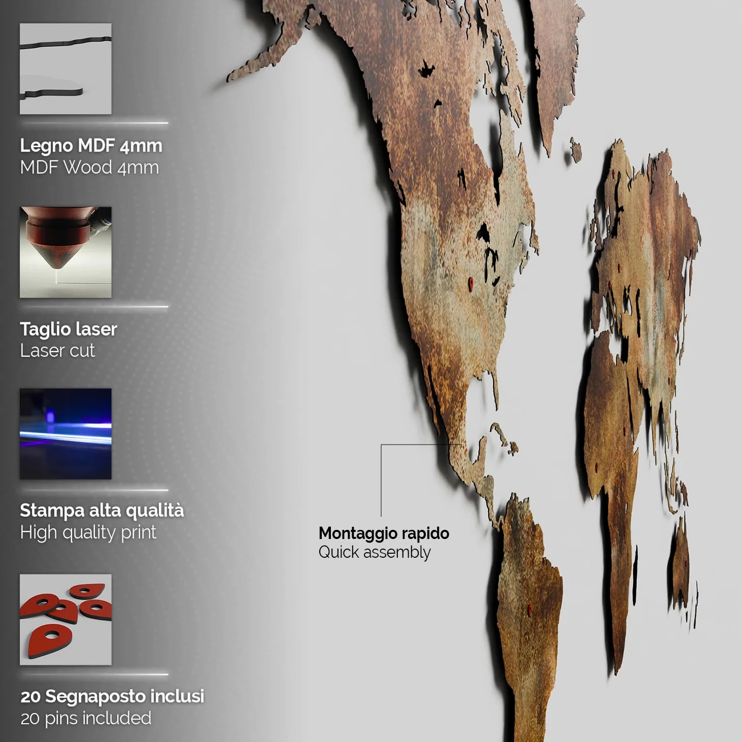 Giallobus - MAPPA DEL MONDO - DECORAZIONE DA PARETE IN LEGNO MDF (MDF metal effetto ruggine, 130L x 72l cm)