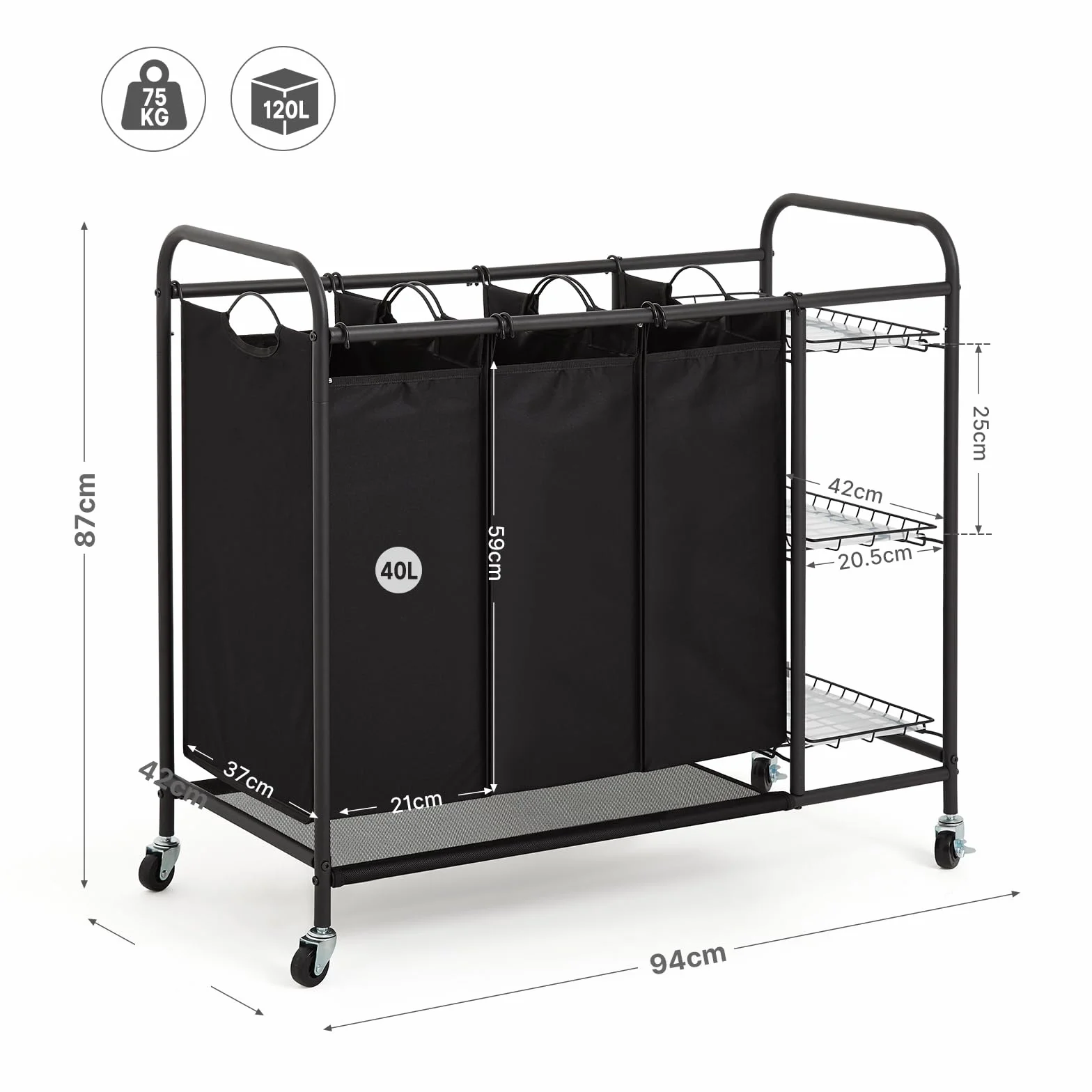 Meerveil Carrello Porta Biancheria con 3 Sacchi Rimovibili, Ceste per Bucato con Rotelle Universali