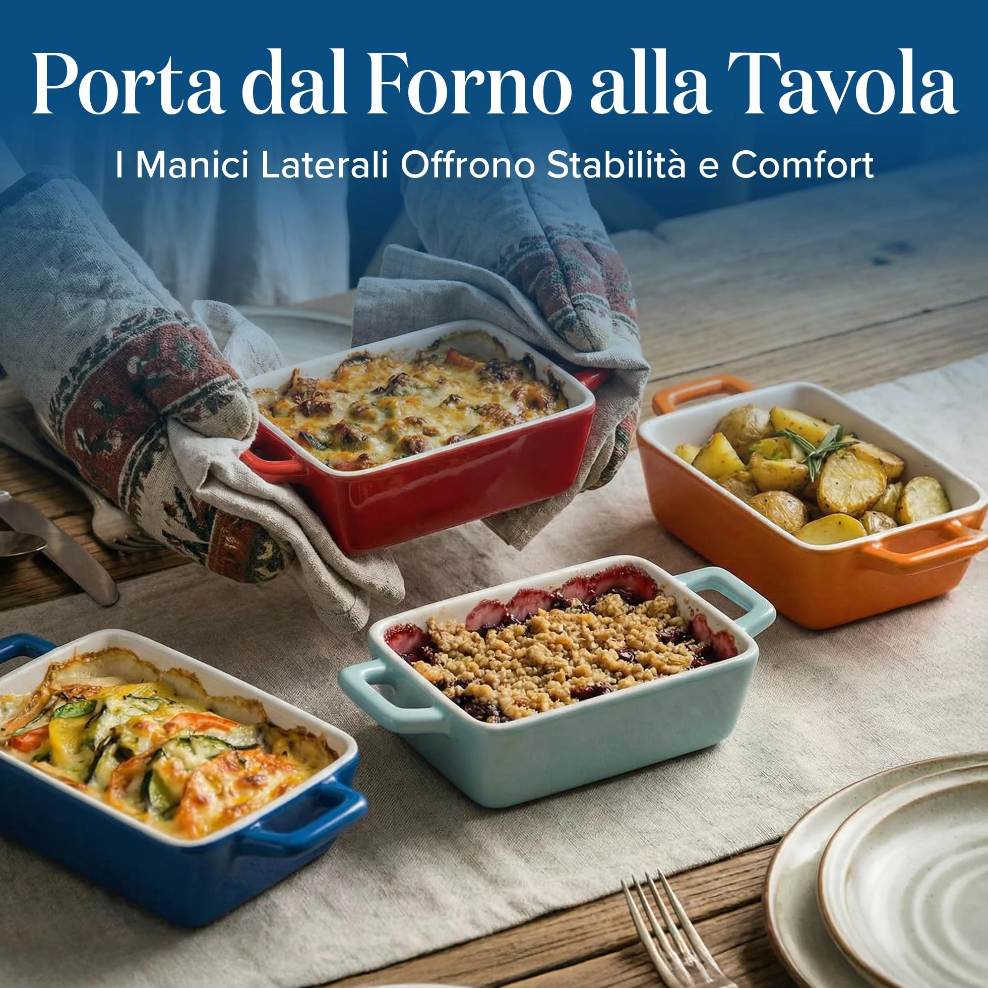 Joeji’s Kitchen Set 4 Pirofila da Forno in Ceramica – Cocotte Monoporzione da Forno Rettangolare per Lasagne, Pasta e Dolci – Teglia Ceramica da Forno Versatile (325 ml)
