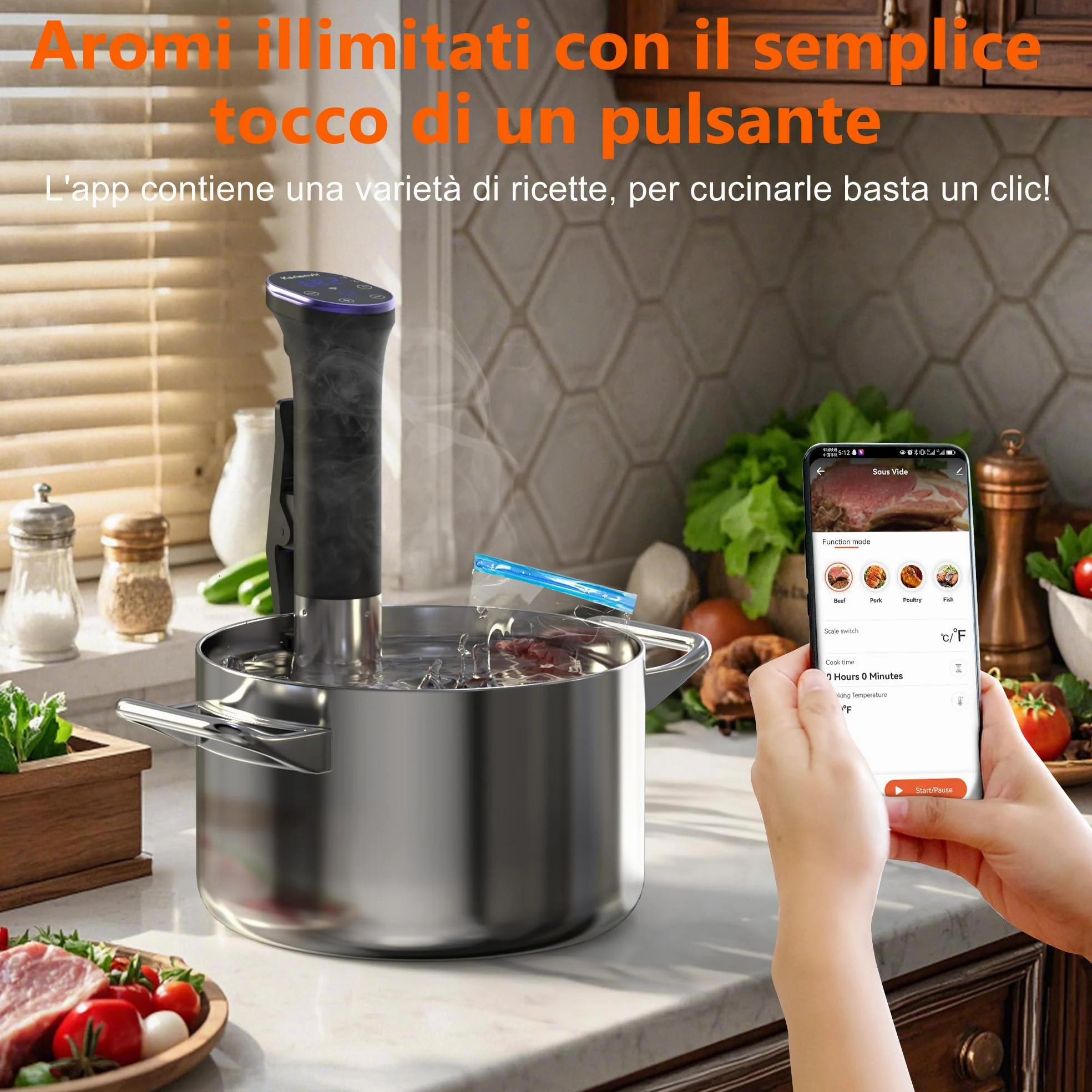 WiFi Sous Vide Roner 1100W, Wi-Fi Roner Cucina a Bassa Temperatura con Controllo APP e Controllo Accurato Della Temperatura, LED Display, Impermeabilità IPX7, 10℃-90℃