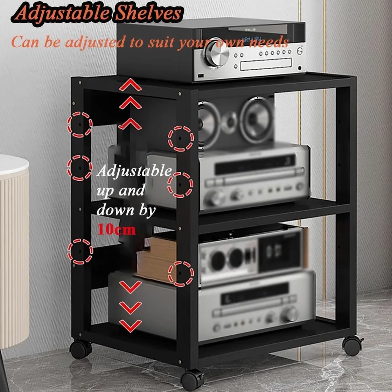 Generico Rack Audio Mobile con Ruote Universali,Mobiletto Portaoggetti Stereo Audio A 7 Ripiani,Mobile Stereo Hi Fi Rack HiFi per Soggiorno, Ufficio, Home Theater,Supporto TV Angolare(Nero)
