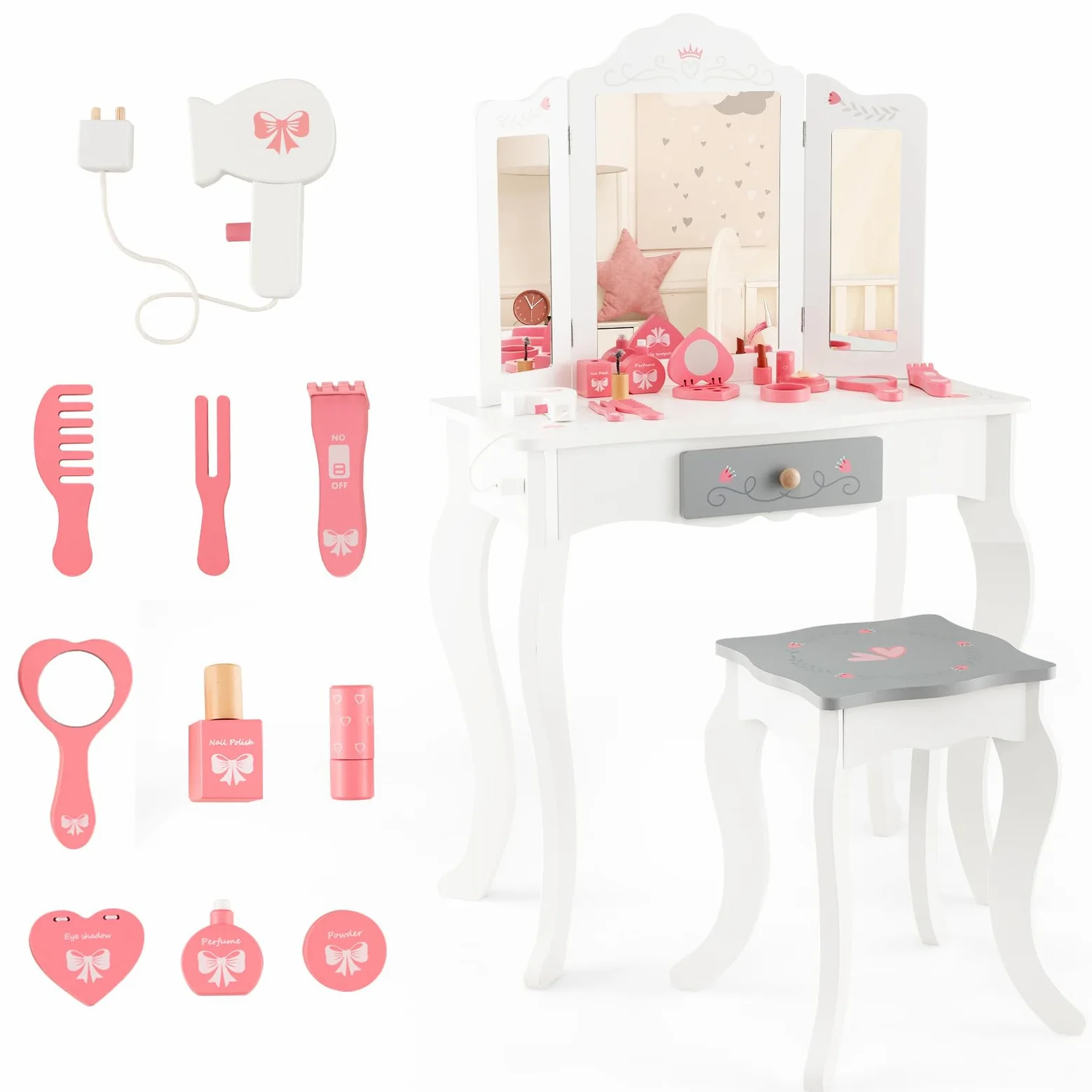 LIFEZEAL 2 in 1 Toeletta con Specchio Rimovibile e Sgabello per Bambini, Tavolo da Trucco in Legno con 10 Giocattoli per Ragazze di 3+ Anni, Portata di 50 kg, Rosa e Bianco (Specchio Triplo)