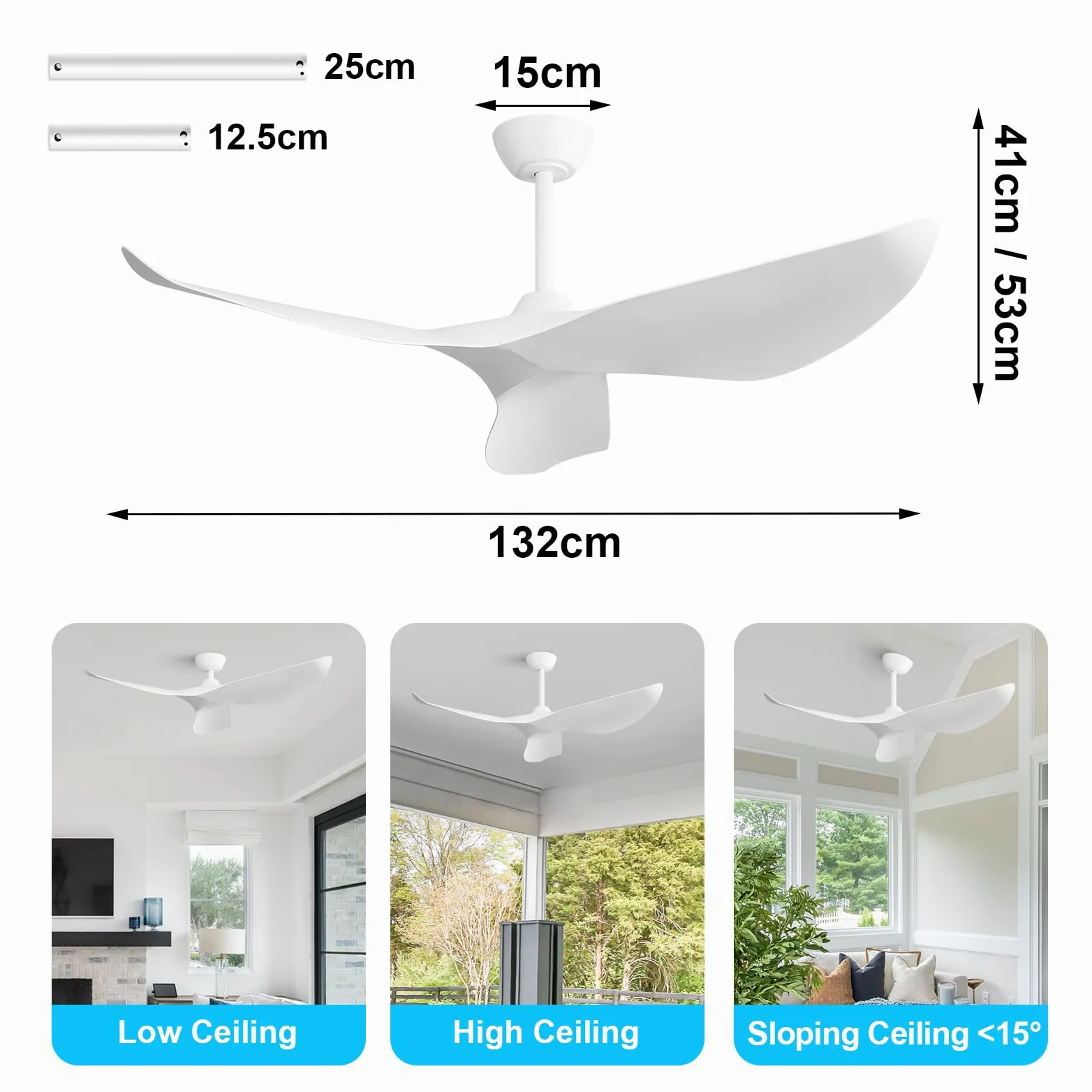 Sofucor Ventilatore da Soffitto 132 cm, Silenzioso Ventilatore da Soffitto per Camera da Letto, 3 Pale, 6 Velocità, Timer, Motore DC, Funzionamento Estivo Invernale