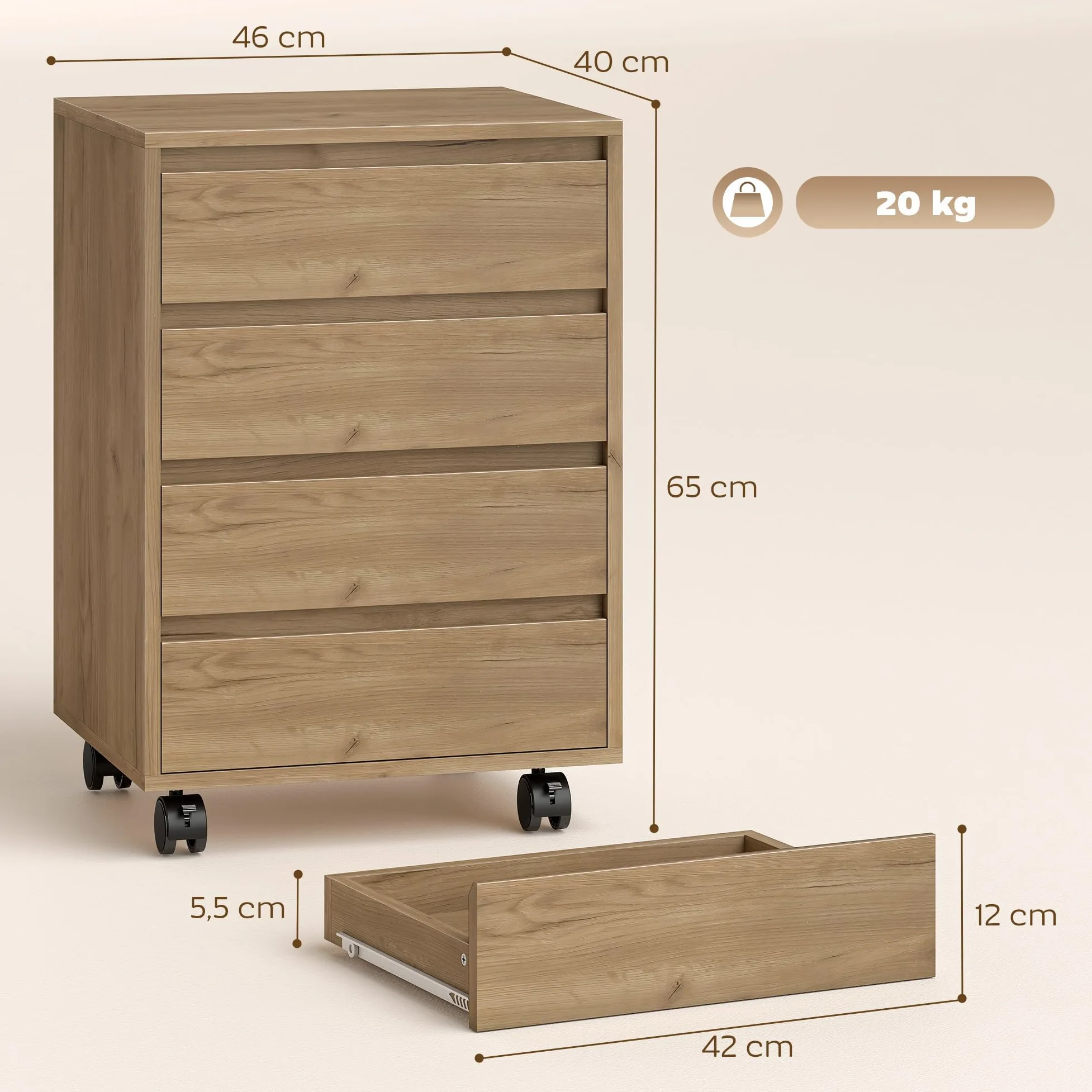 HOMCOM Cassettiera da ufficio con 4 cassetti Cassettiera da scrivania con ruote Scaffale mobile per studio 46x40x65 cm Marrone