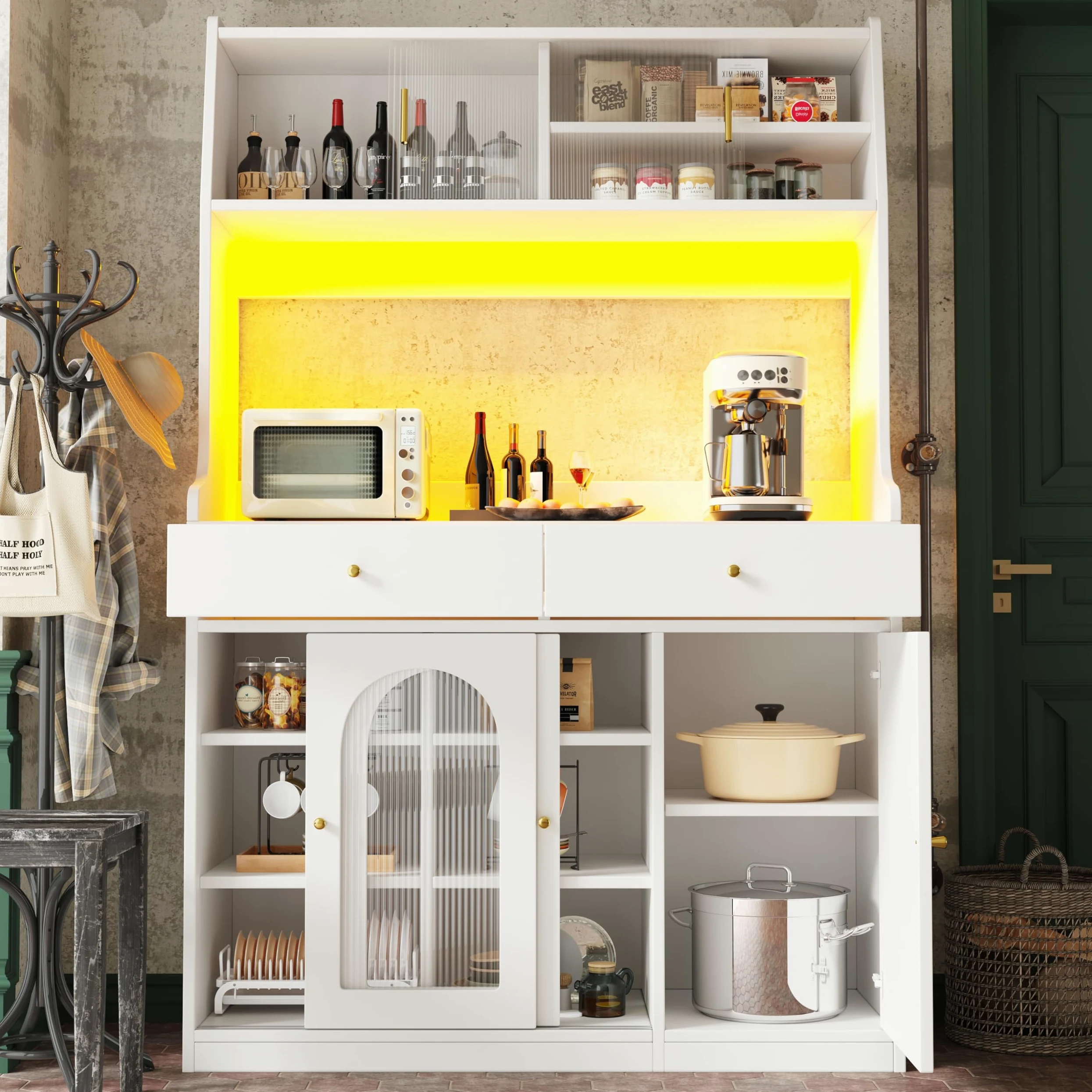 Armadio alto a buffet con ripiani regolabili, armadio da cucina con 2 cassetti, credenza con illuminazione a LED, colori luce variabili, 120 x 40 x 180 cm (bianco)
