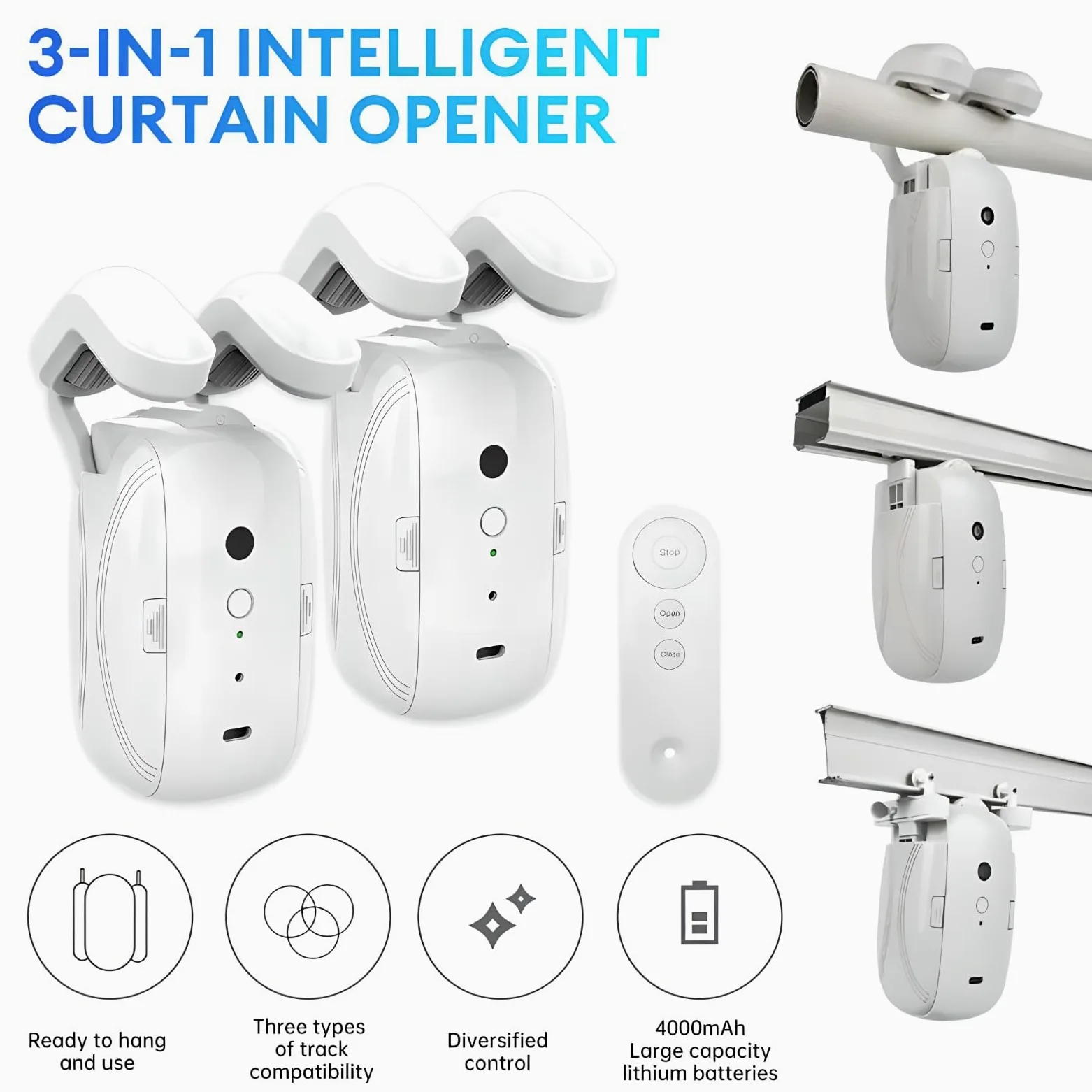 Apritende intelligente 3 in 1, Apritende elettrico con telecomando Bluetooth, Facile da installare/Avvio con un clic/Batteria da 4000 mAh, per asta romana/binario a T/binario per tende a U 2PCS