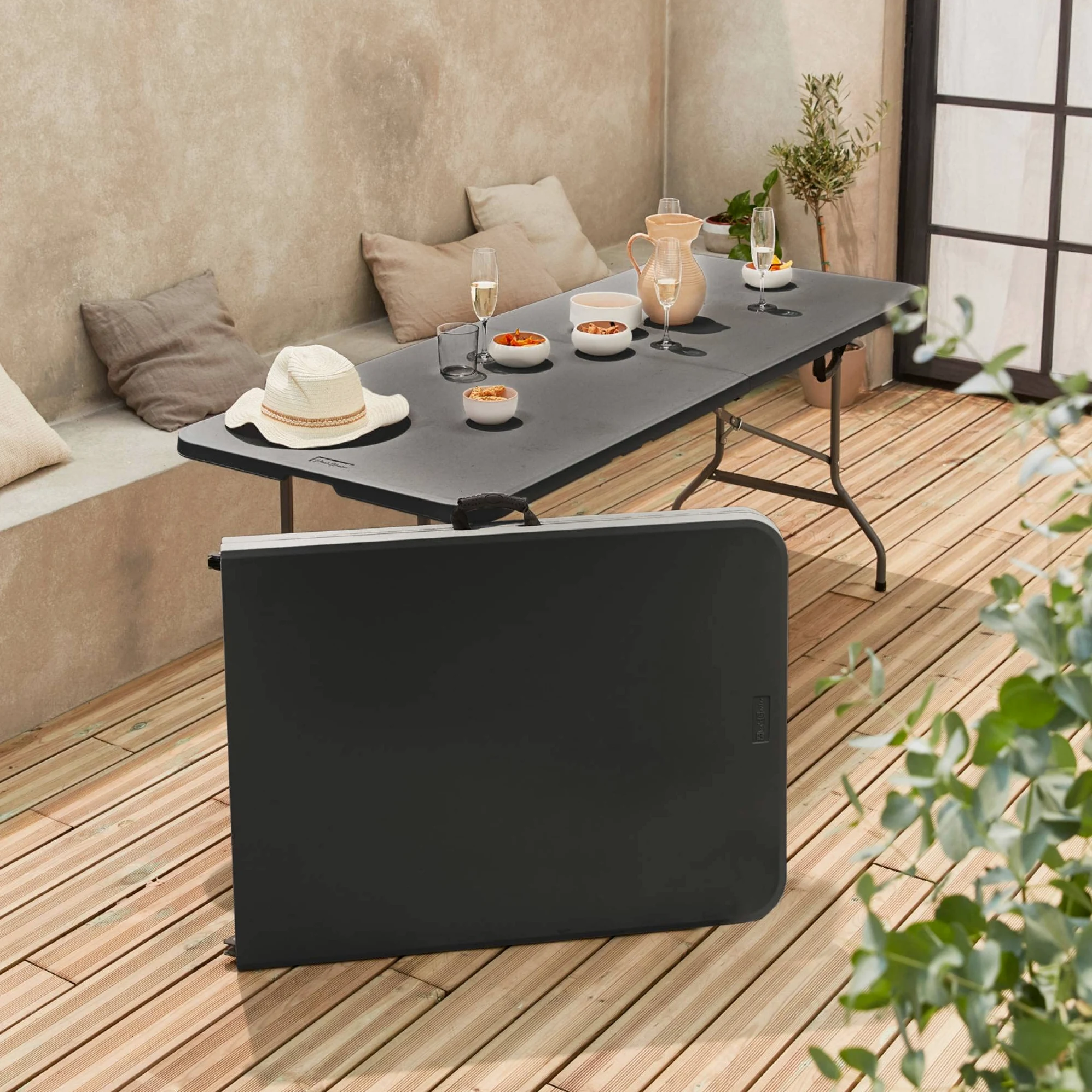 Set di 2 tavoli da ricevimento Pieghevoli in plastica, Fiesta x2, Grigio Scuro, 180x69.5x73.5 cm