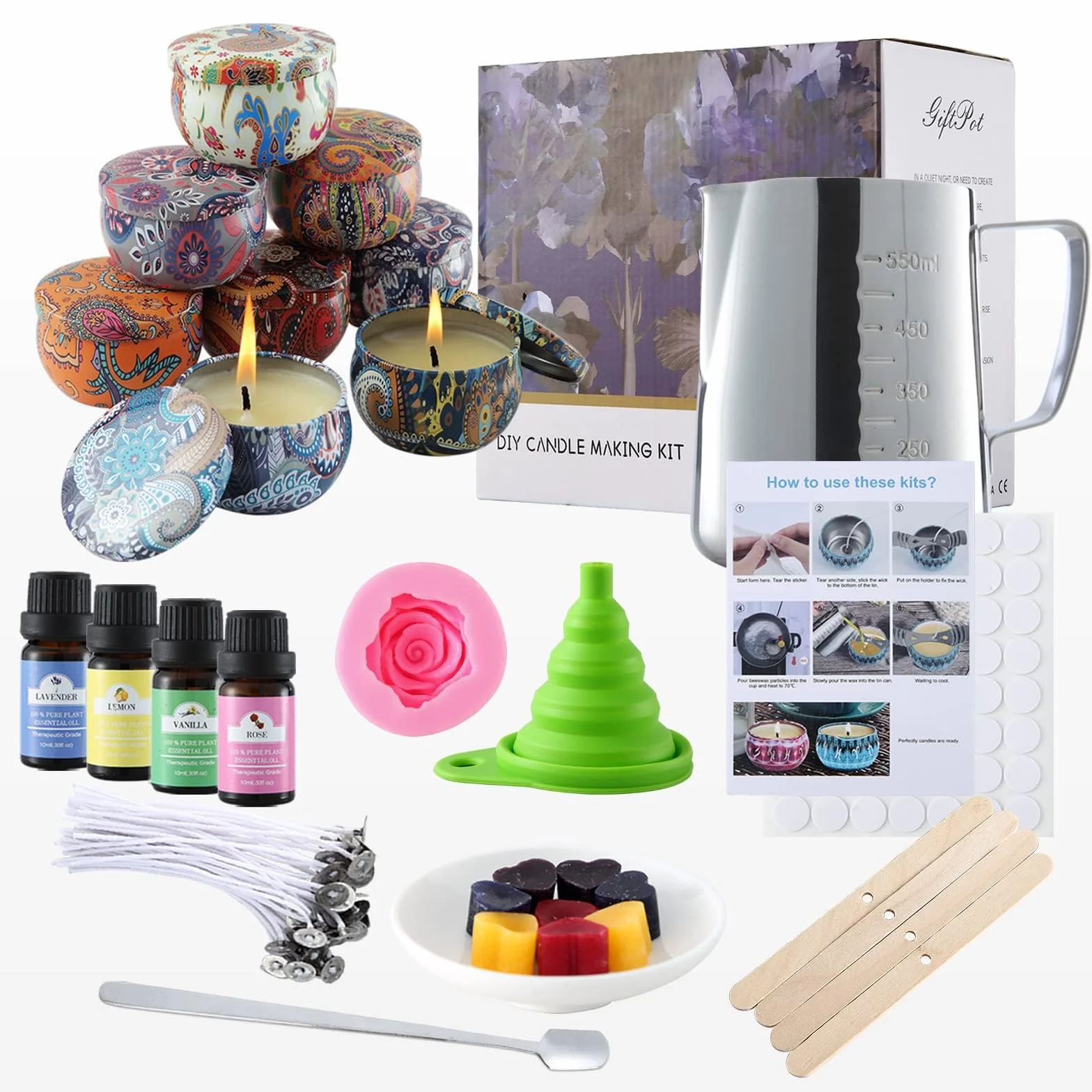 GiftPot Kit per Fabbricazione di Candele, Set Regalo fai-da-te con Cera d'Api, Oli Essenziali e Stampo