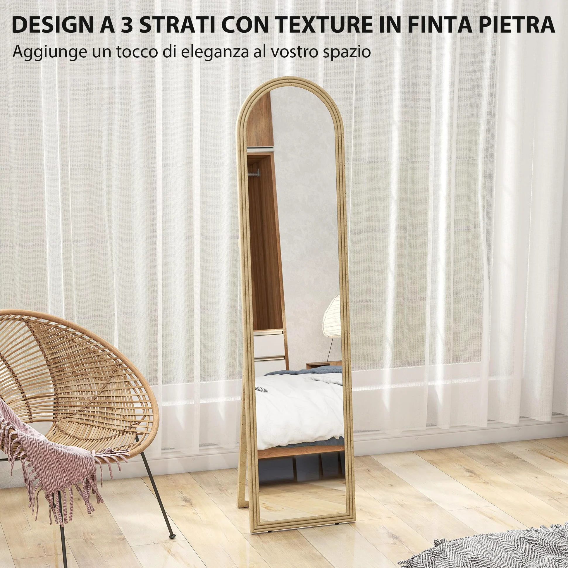 HOMCOM Specchio da Terra Moderno a Figura Intera, 40x160 cm Specchio da Parete e Autoportante ad Arco con Cavalletto Effetto Pietra, per Camera da Letto, Soggiorno e Ingresso, Beige