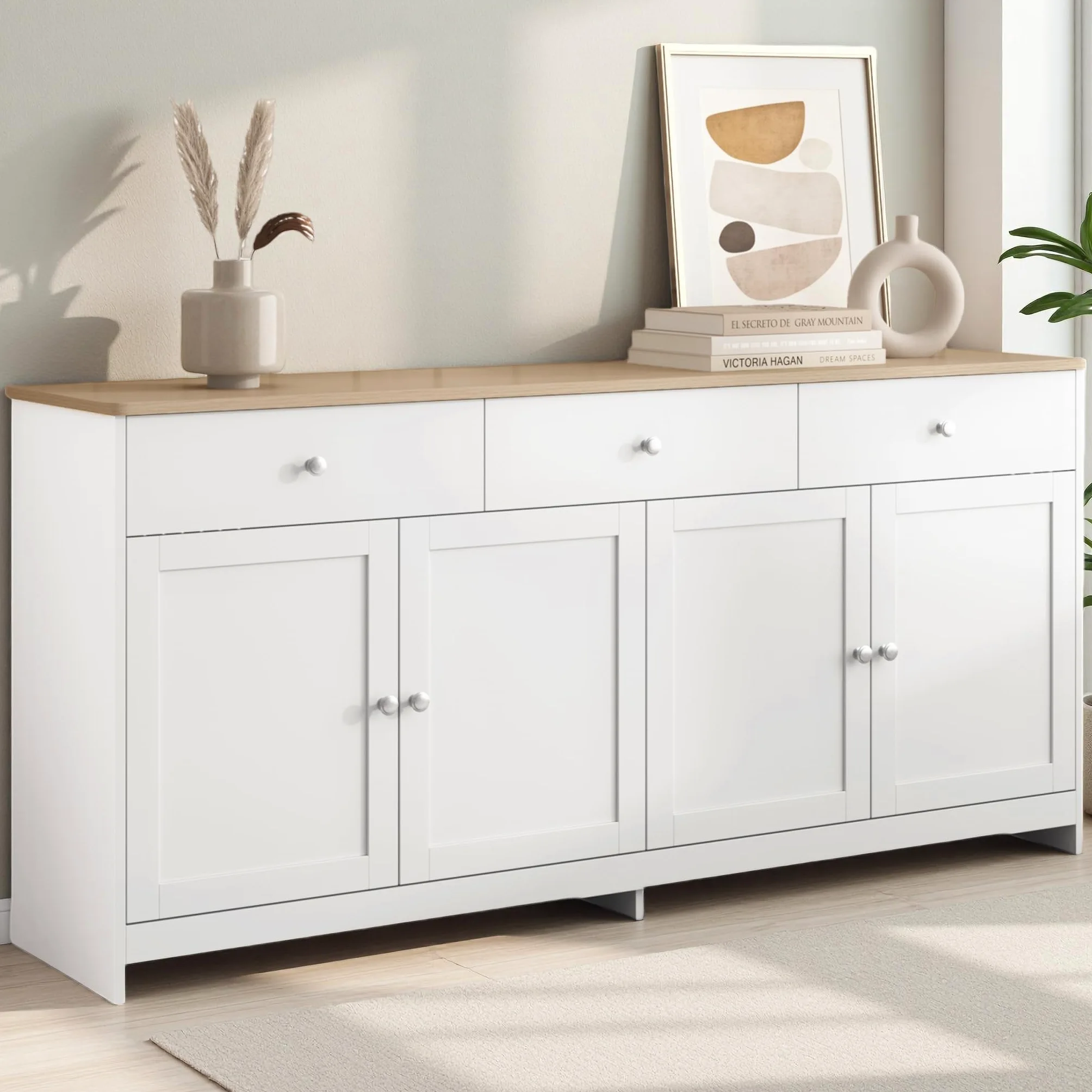 Credenza, cassettiera con 4 ante e 3 cassetti, credenza con ripiani regolabili, armadietto a buffet, per soggiorno, sala da pranzo, cucina, corridoio, natura e bianco (bianco, 160 x 37 x 75)