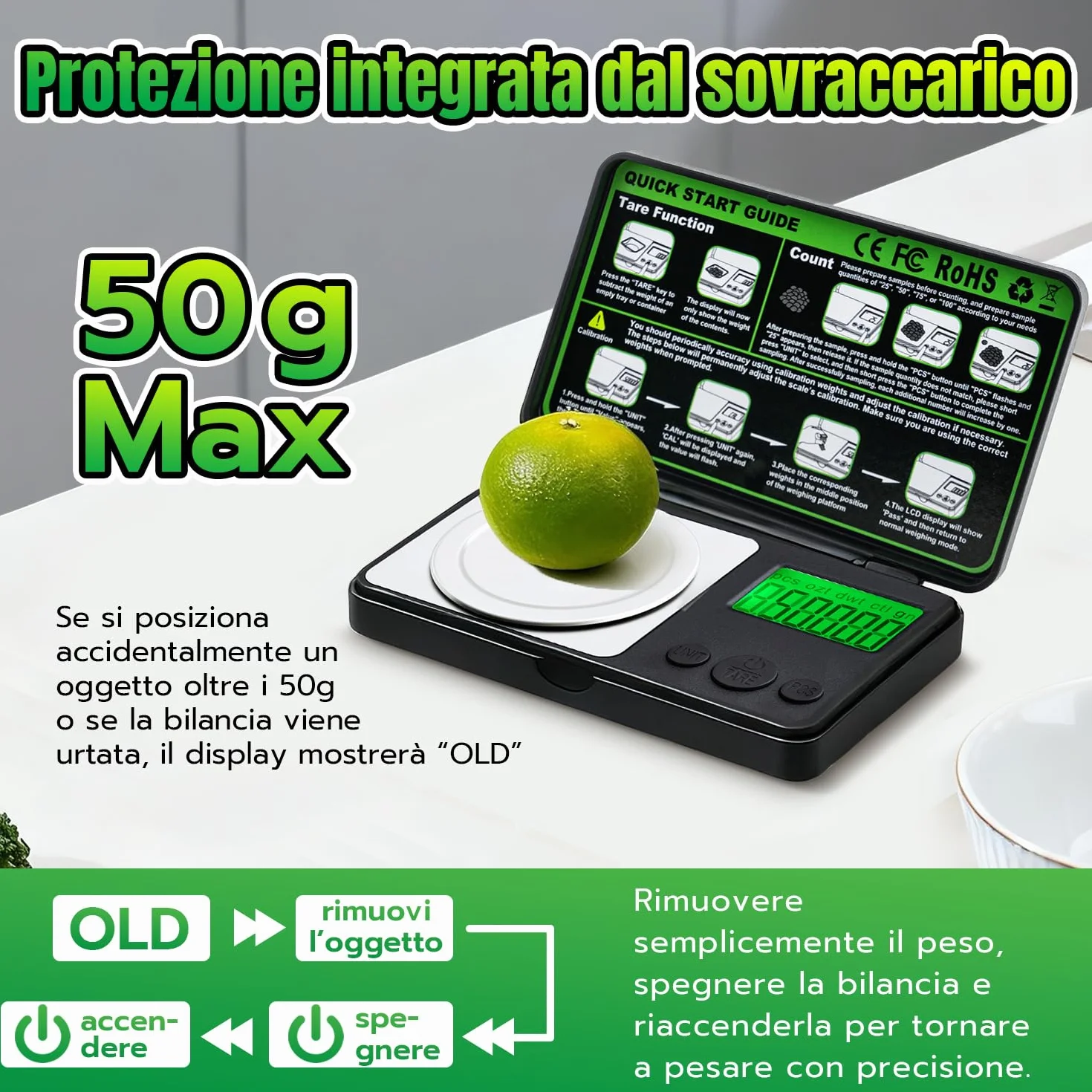 Bilancia ai Milligrammi 50g / 0,001g,Mini Bilancia Tascabile di Precisione con Display LCD,7 Unità,Funzione Tara e Peso di Calibrazione,Bilancino Digitale per Grammi,Oro,Gioielli e Laboratorio