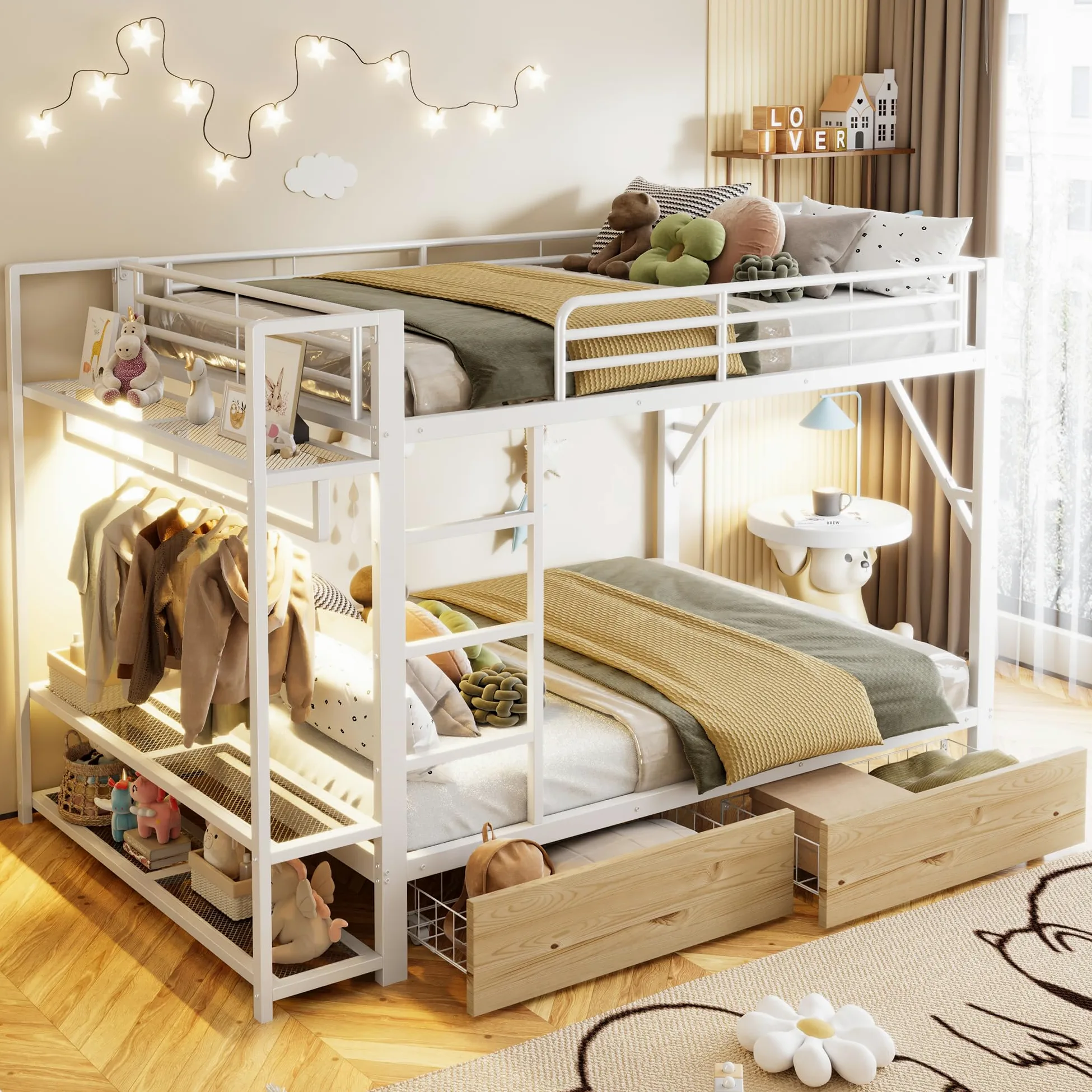 Letto a soppalco 140x200cm con striscia luminosa a LED e appendiabiti,metallo letto a castello con 2 cassetti e ripiani multipli,ferro letto matrimoniale,letti per ado,senza materasso,Bianco