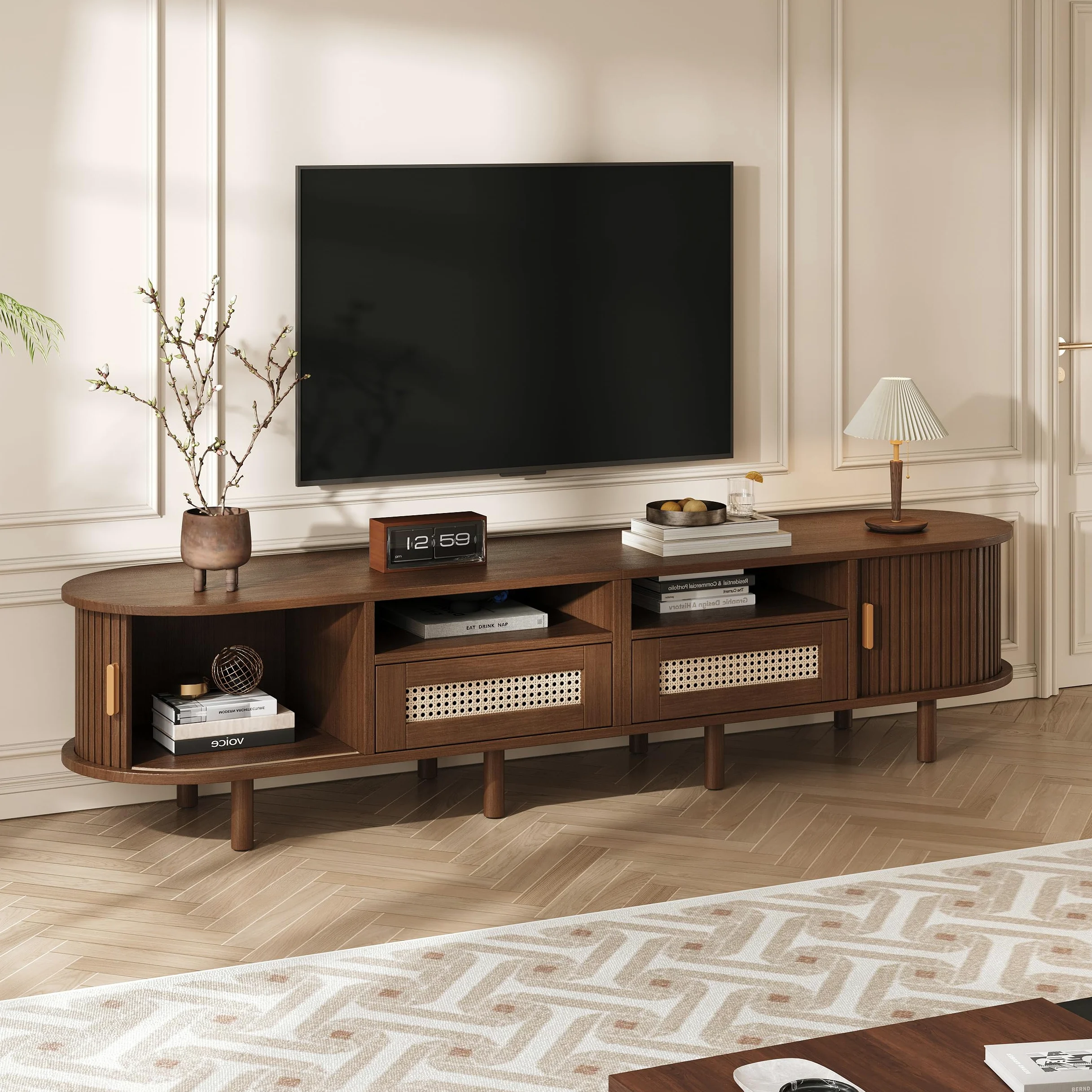 ModernLuxe Mobile TV Ovale e Tavolo TV per 70 Pollici, con 2 Cassetti in Rattan, 2 Ante Scorrevoli, Credenza Bassa, 170 * 40 * 40 cm Color Noce