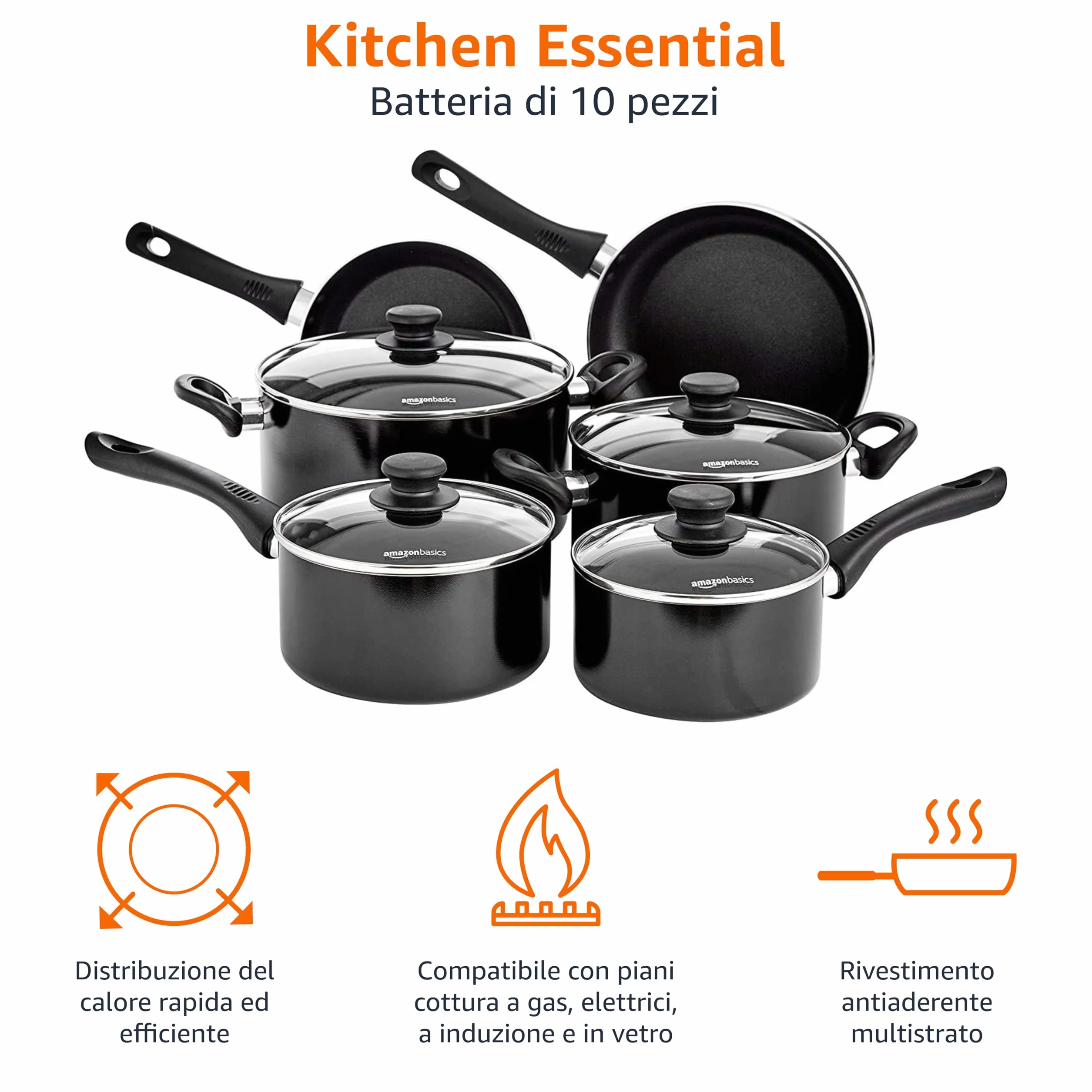 Amazon Basics Set di pentole in ceramica antiaderente per induzione 6 pezzi con coperchi