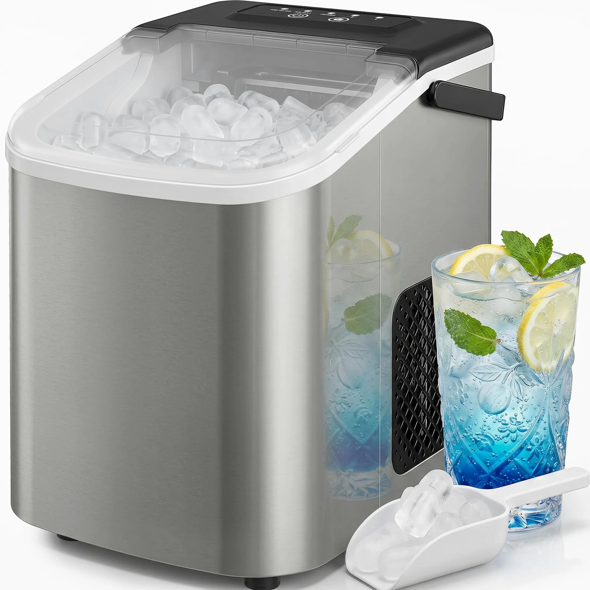 HOMCOM Macchina Ghiaccio 12kg/24h, Autopulente Macchina del Ghiaccio 9 Cubetti in 7-10Minuti, Acciaio Inox, 2 Dimensioni, Serbatoio 1.2L, Portatile, Silenzioso, Cestello Paletta, Casa Ufficio, Argento