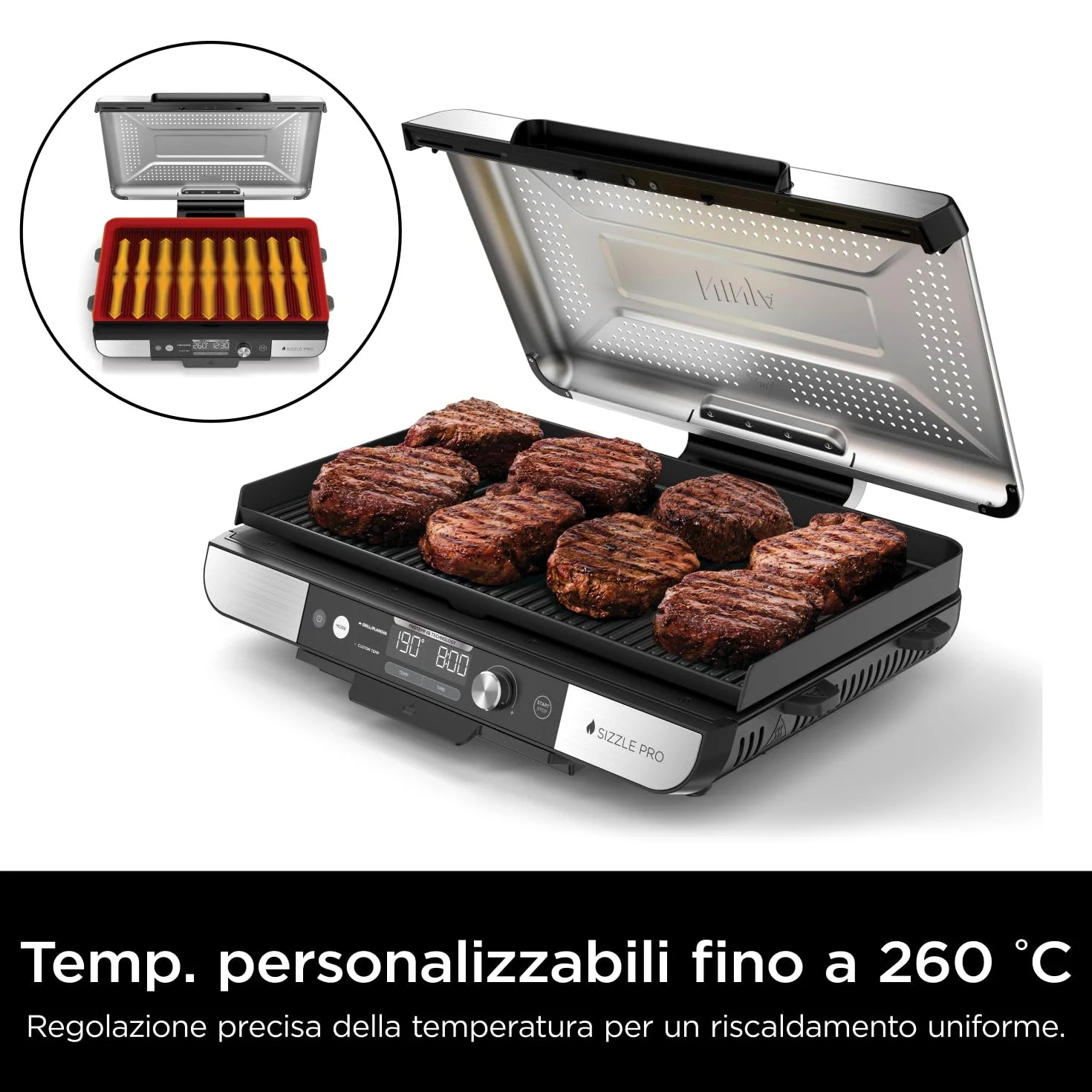 Ninja Sizzle Pro XL Griglia e piastra liscia da interni, rivestimento antiaderente in ceramica, coperchio rimovibile, vassoio raccogli-grasso, ricettario, argento/nero GX101EU