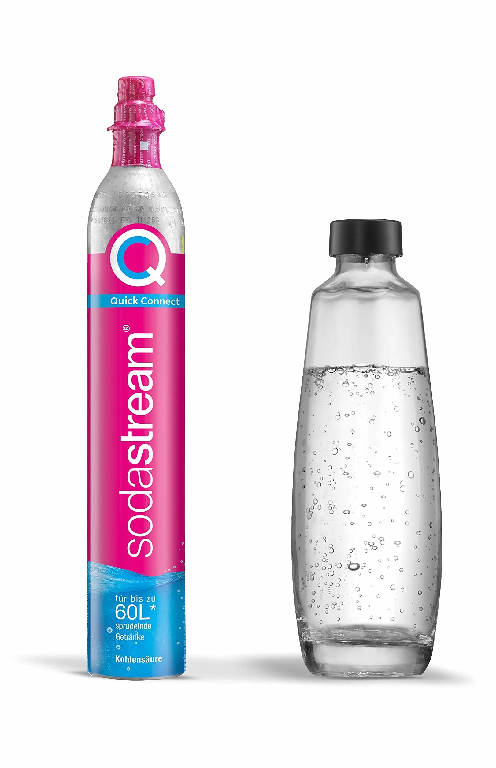 SodaStream Confezione di riserva QC con 1 Cilindro Quick Connect CO2 (resa: 60L) e 1 Bottiglia di Vetro da 1,0 l, Rosa, 27,5 x 16 x 44, 1053400490
