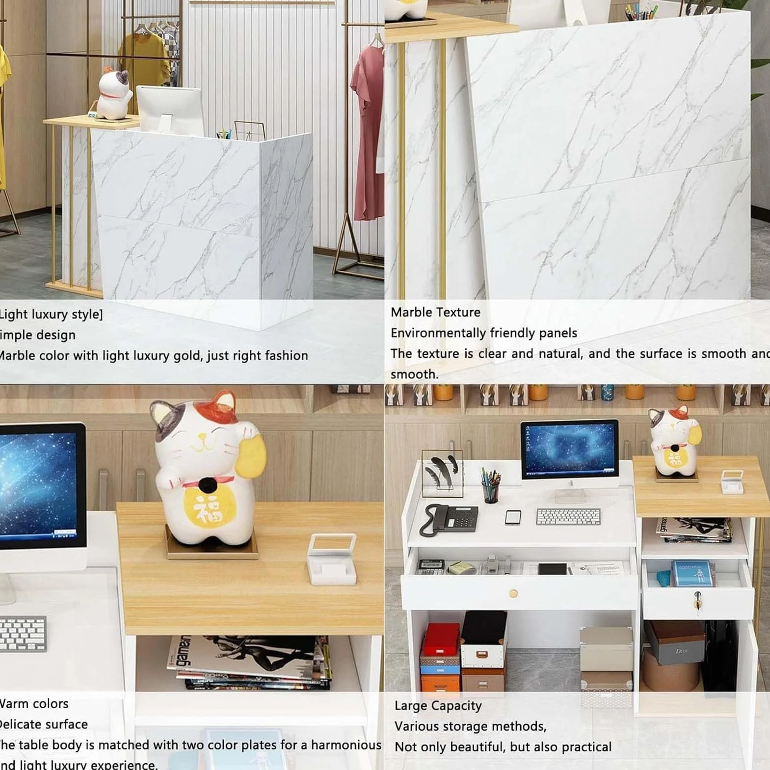 Scrivania per reception da 140 cm, con cassetti e ripiano anteriore, postazione di lavoro per computer, per hotel, negozi al dettaglio, saloni e aziende