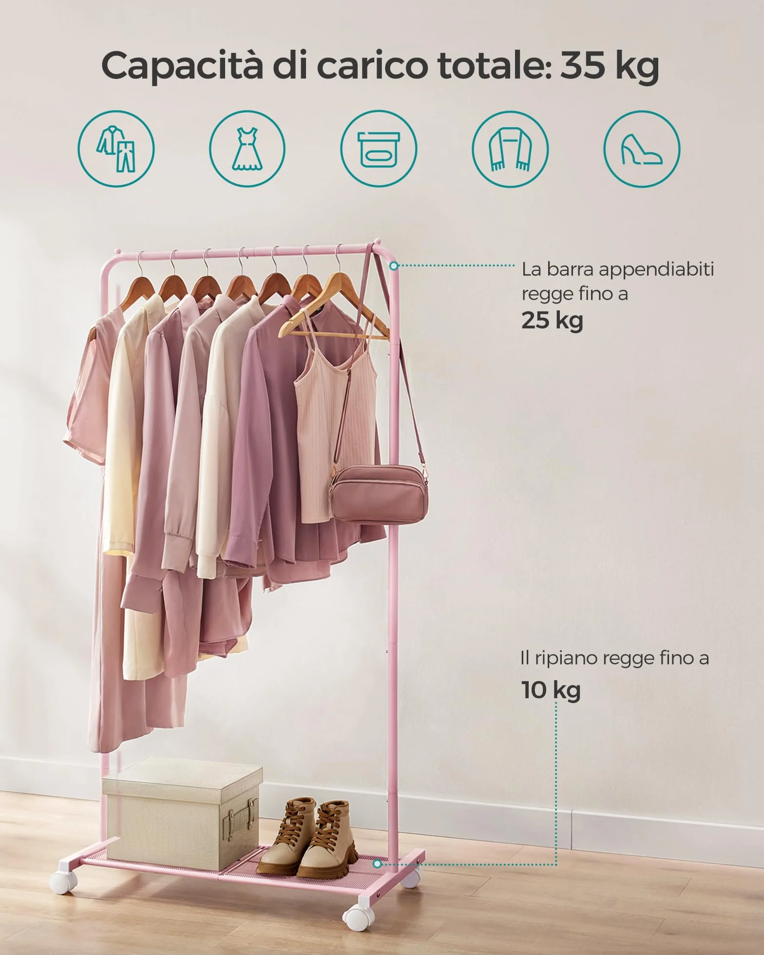 SONGMICS Appendiabiti con Ruote 74 cm 35 kg Metallo Rosa Pastello HSR130R01