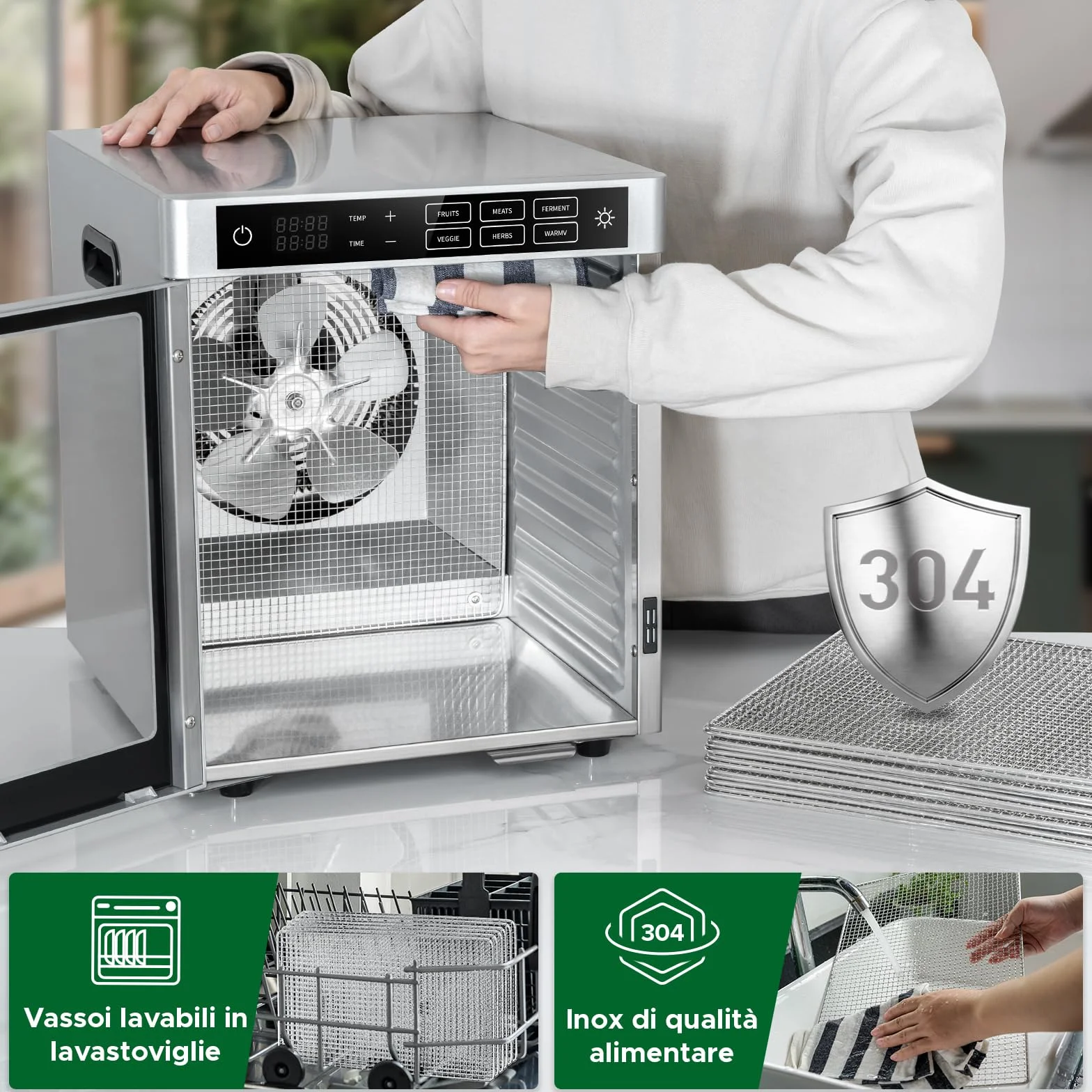 Kwasyo Essiccatore Alimentare professionale in Acciaio Inossidabile 12 Vassoi, 6 Funzioni Preimpostate, Essiccatore 800W, 6 Tappetini in Silicone, 2 Barattoli, 2 Vassoi per Rotoli di Frutta Inclusa