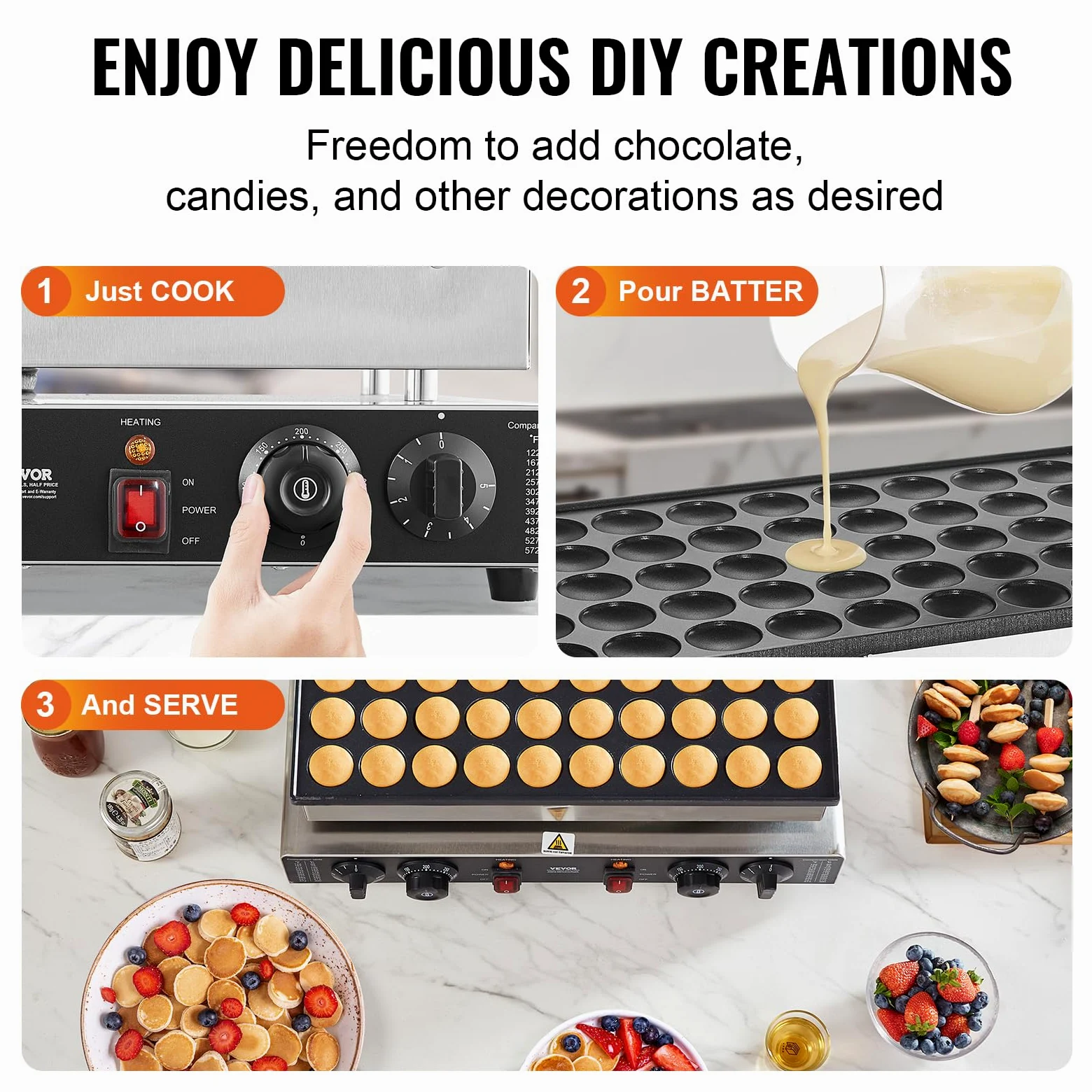 VEVOR Macchina per mini pancake olandese da cucina uso commerciale, 50 Pezzi, Diametro 43 mm, Macchina per mini dorayaki, 1700 W, Controllo di Temperatura Tempo, per Cucina commerciale feste evento