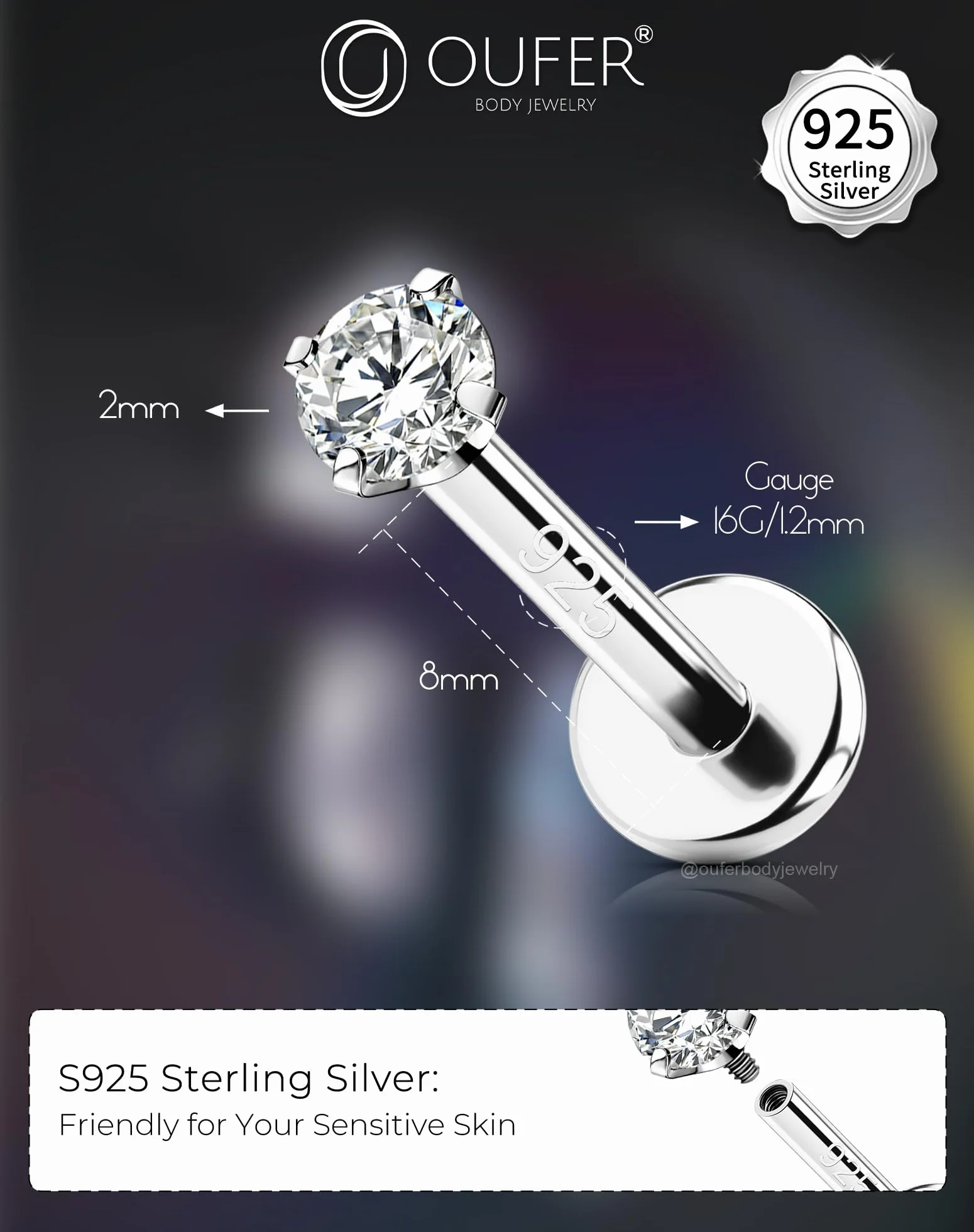OUFER 16G Piercing Helix Filettato Interno Argento 925 Conch Lobe Lip Stud Trasparente 2/2.5/3 mm CZ Gioielli Per Il Corpo