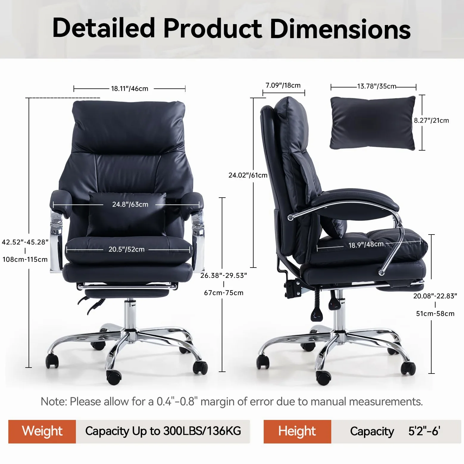 EMIAH Sedia da Ufficio Direzionale con Poggiapiedi, Comoda Sedia Scrivania con Braccioli, Poltrona Ufficio Ergonomica Reclinabile in Pelle PU con Ruote, Sedia per Computer con Cuscino Ispessito, Nero