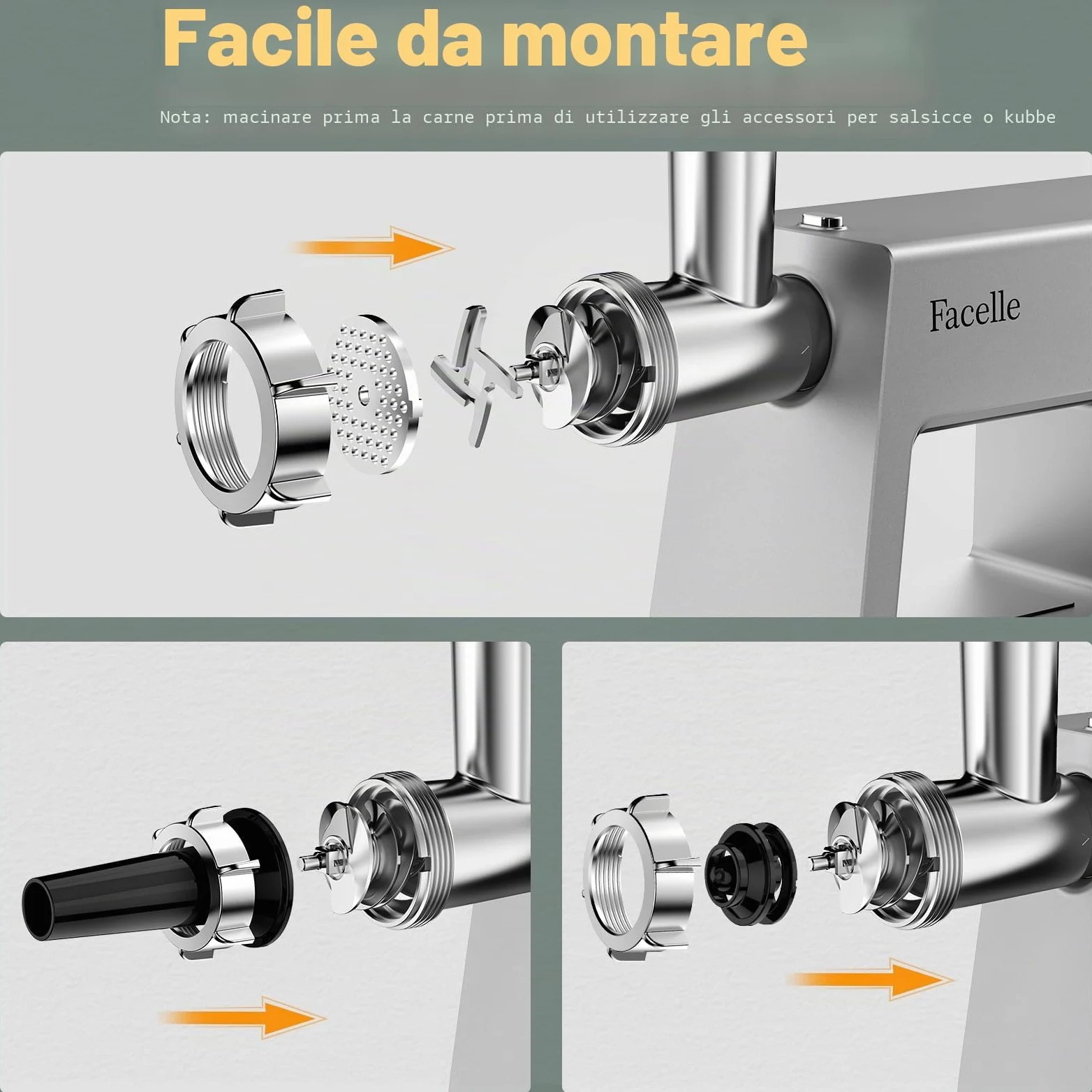 Facelle Tritacarne Elettrico per un Uso Familiare, 2000 W Max, con 3 Piastre Abrasive in Acciaio Inox, 1 Cubo e 1 Tubo di Riempimento per Salsicce, Tritacarne per Hamburger, Kibbeh e Cibo per Cani