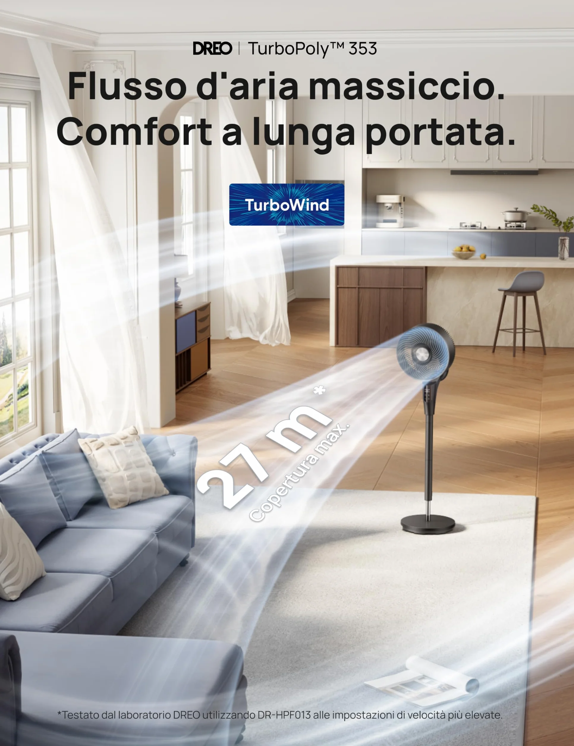 DREO Ventilatore a Piantana Silenzioso per Camera da Letto [Aggiornato], Flusso d’Aria 27m, 20dB, Oscillazione 90°, Motore DC, 8 Velocità, 3 Modalità, Altezza 96–106cm, Timer 8H, Inclinazione 105°