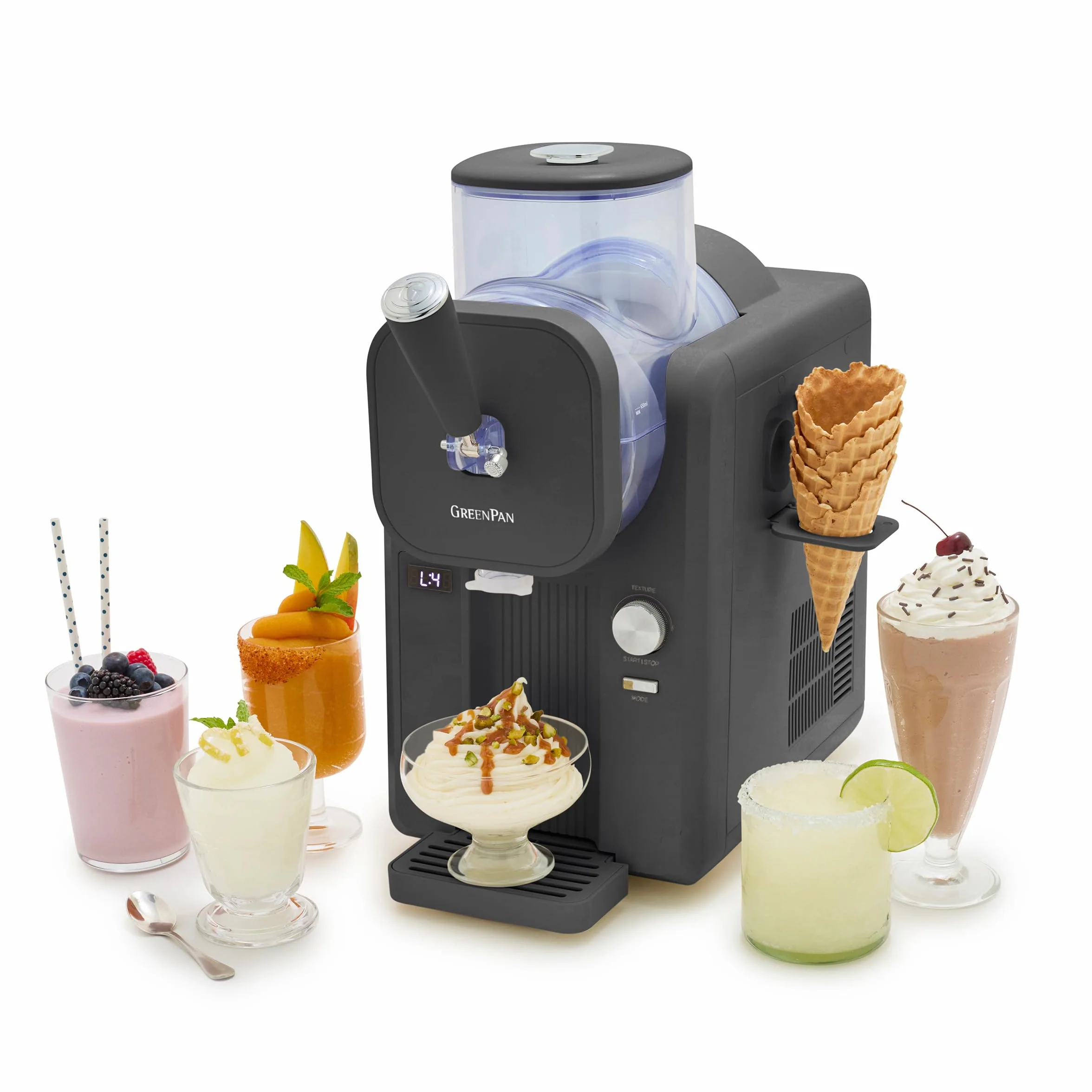 GreenPan Frost Gelatiera e Macchina Slushy, Gelato Soft Sorbetti Milkshake Frozen Yogurt, Senza Precongelamento, Pronta in 15 Min, 15-in-1, 6 Modalità, 7 Texture, Autopulente, Bianco