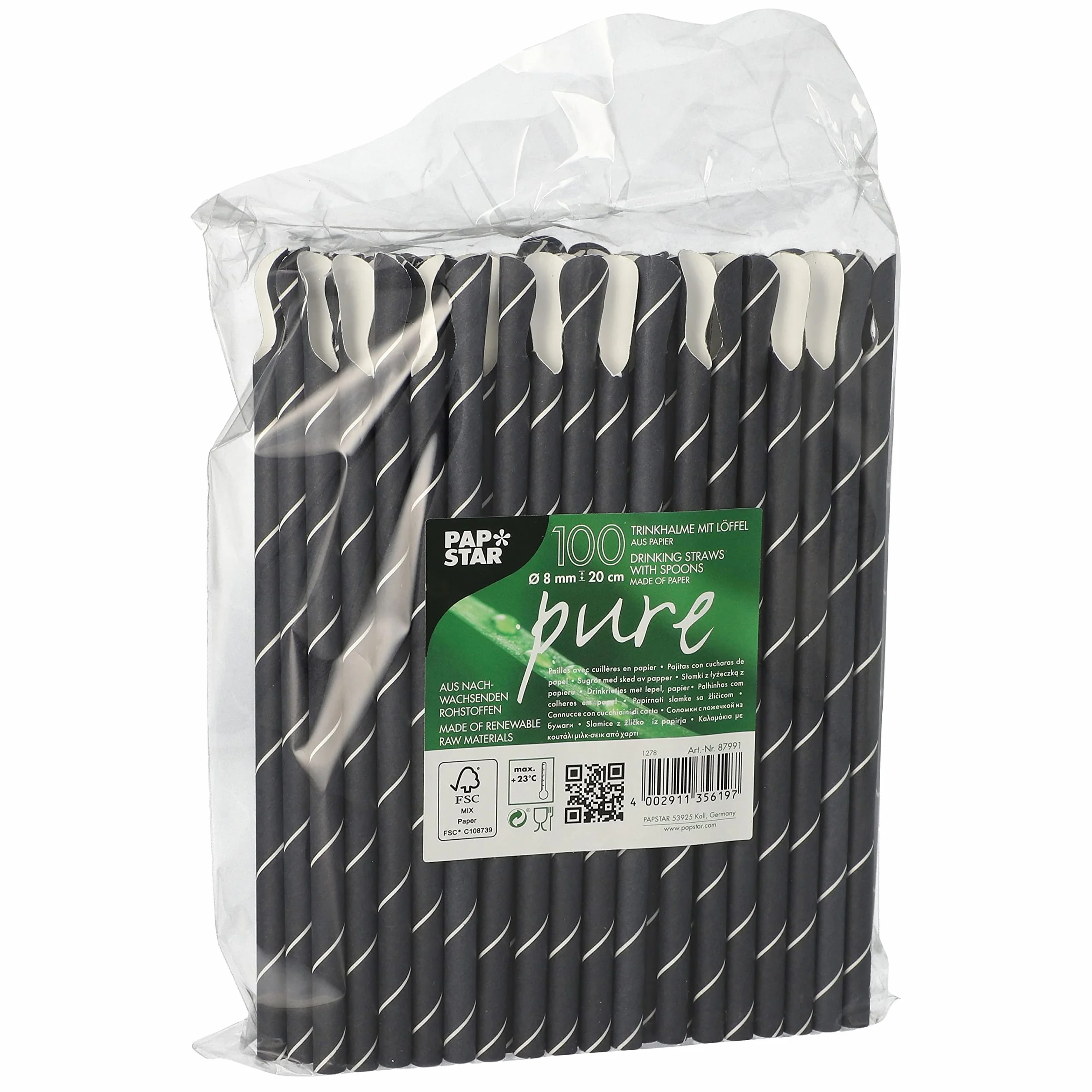 Papstar Cannucce con cucchiaio, carta Ø 8 mm, 20 cm, nero/bianco, 87991, cannucce di carta, cannucce per shake, cannucce per cucchiai, 100 pezzi